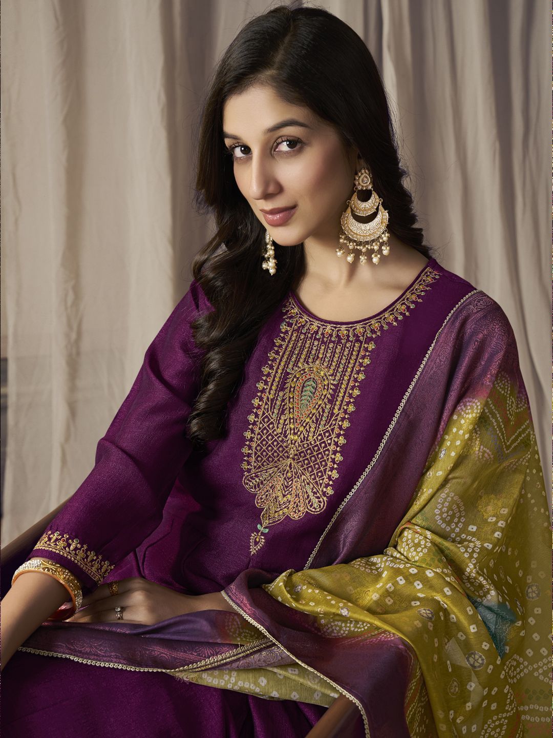 Label khoj Beautiful Anarkali kurta With Pant and Dupatta Set wine Color