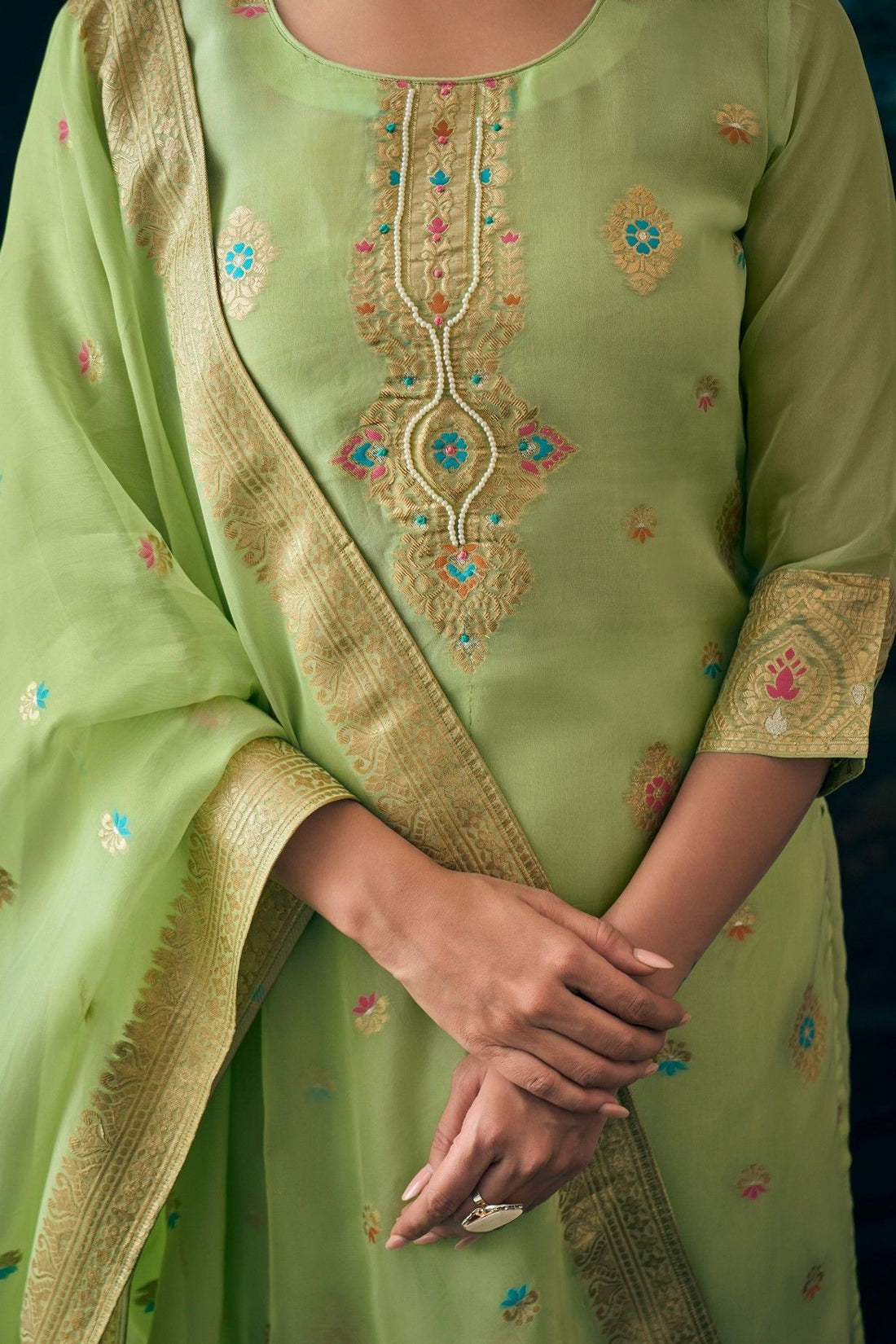 Label khoj Women pure jacquard kurta, trouser and dupptta set