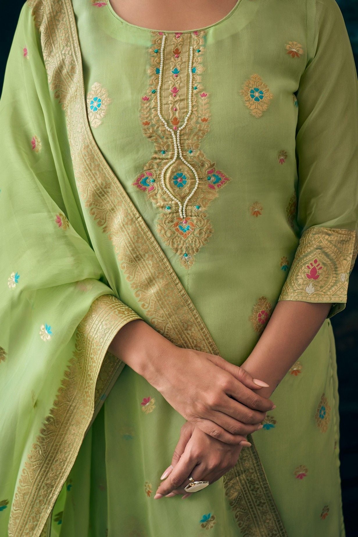 Label khoj Women pure jacquard kurta, trouser and dupptta set