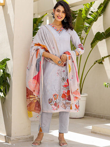 Label Khoj Women Lilen Print Kurta, Trouser And Dupptta Set Linen Grey Color