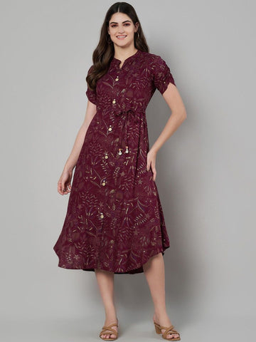 Label Khoj Women's Maroon Rayon Printed Midi Dress