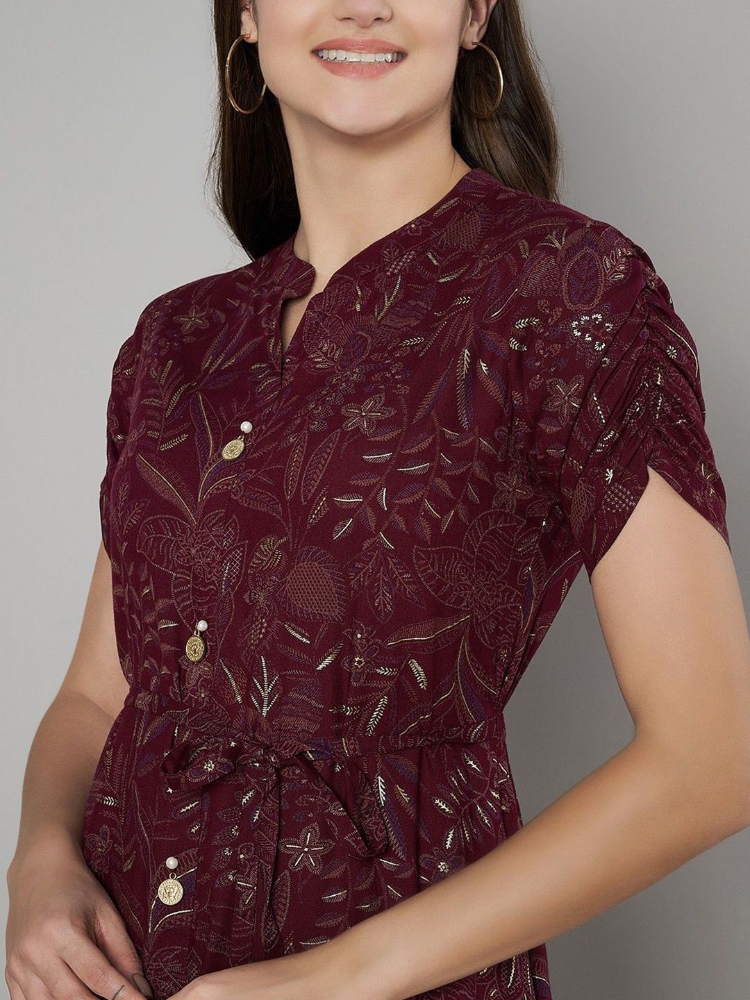 Label Khoj Women's Maroon Rayon Printed Midi Dress