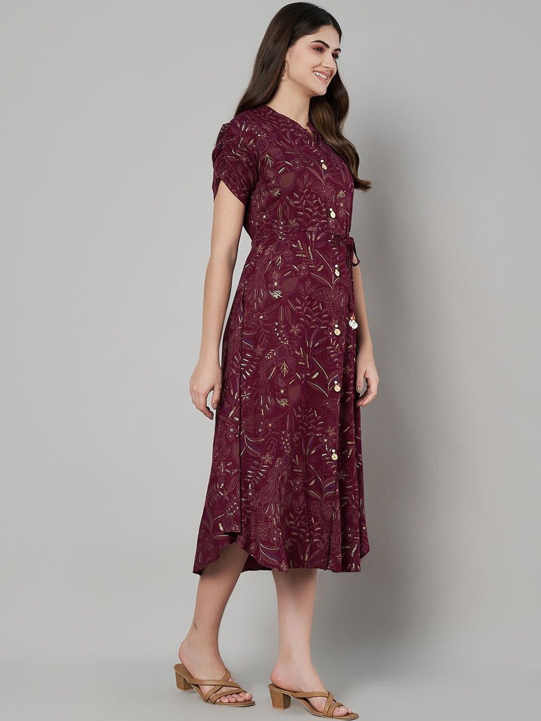 Label Khoj Women's Maroon Rayon Printed Midi Dress