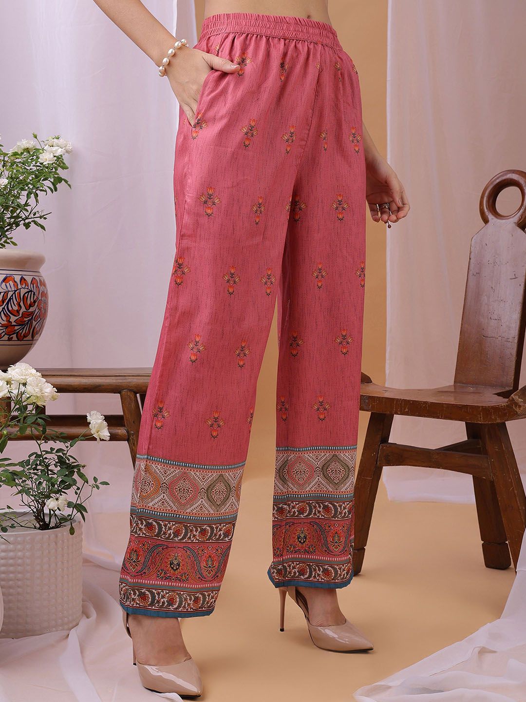 Label Khoj Women's Pink Silk Blend Handwork Kurta with Pant and Pink Dupatta