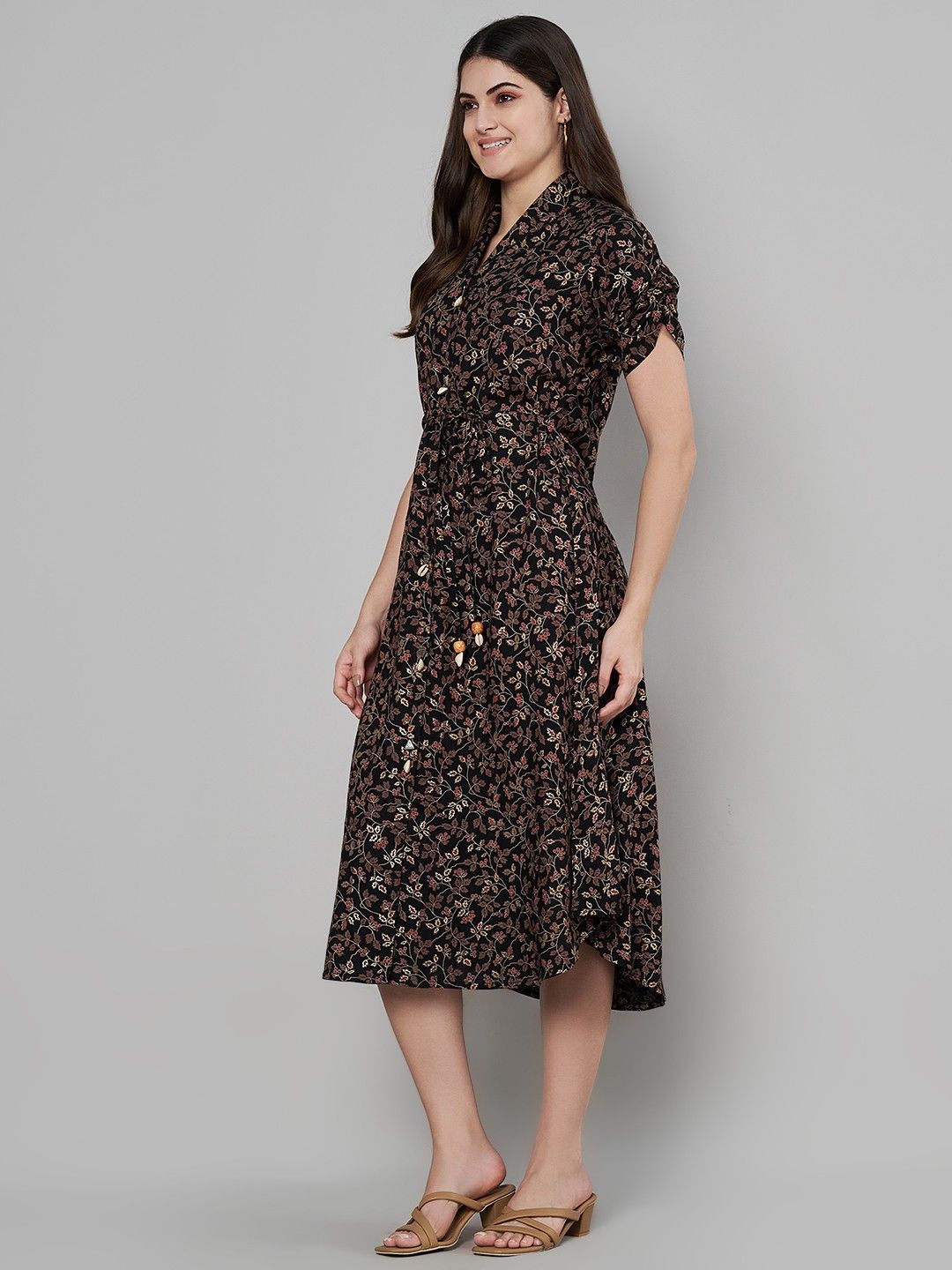 Label Khoj Women's Black Rayon Printed Midi Dress