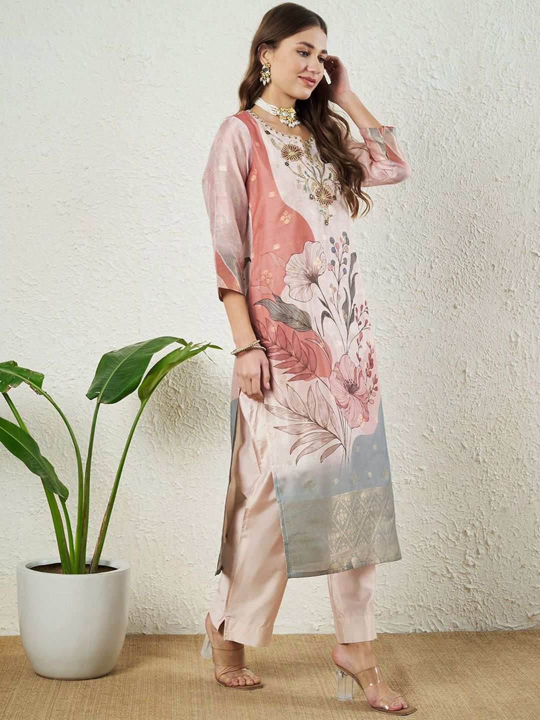 Label Khoj Women Silk Jacqured  Embroidery  Work Peach Color Kurta & Bottom With Dupatta  Set
