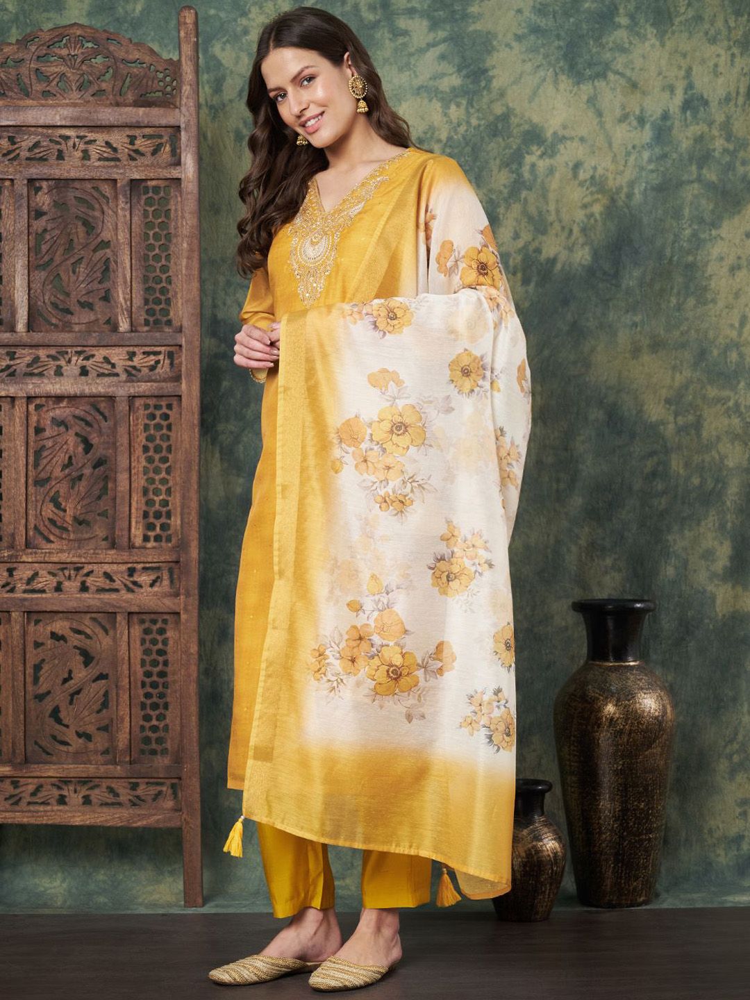 Label Khoj Women's Mustard Chanderi Embroidered Kurta with Pant and Mustard Dupatta