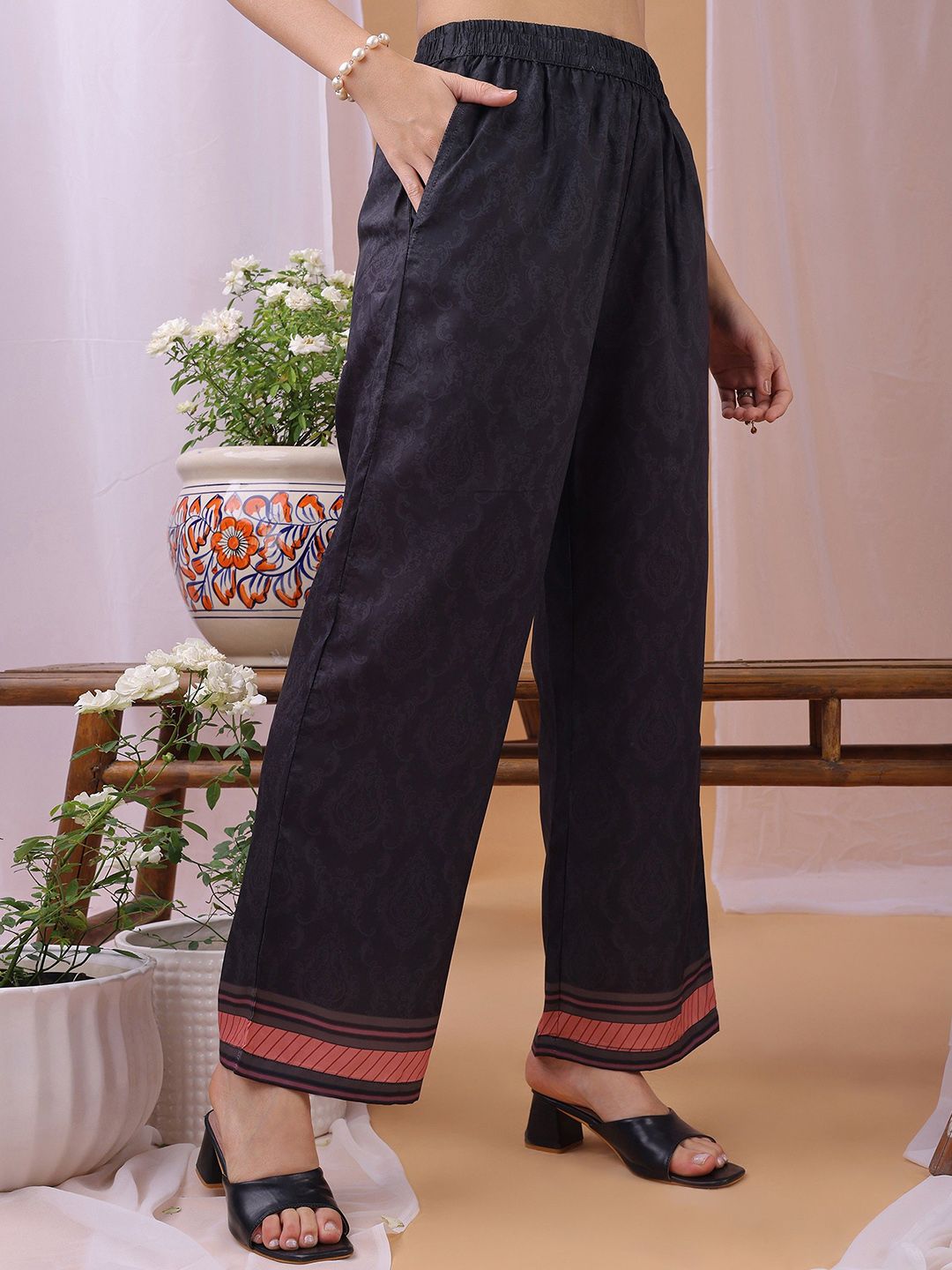Label Khoj Women's Dark Grey Silk Blend Handwork Kurta with Pant and Dark Grey Dupatta