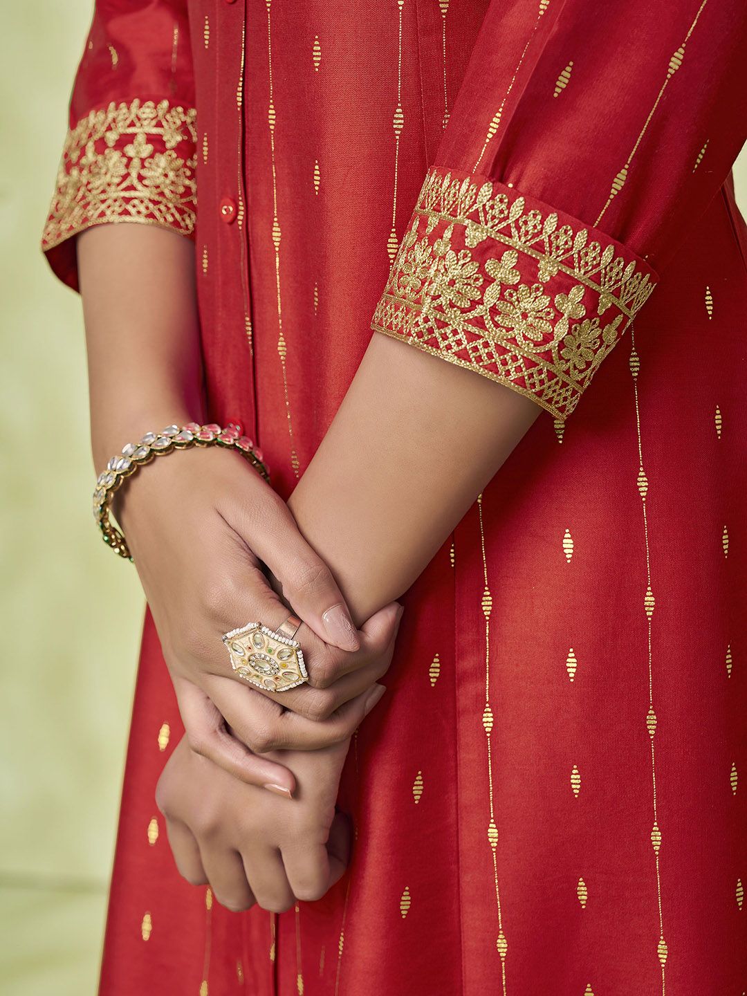 Label Khoj Women Cotton Slub Embroidery , Foil Print Work Red Color Kurta & Bottom Set