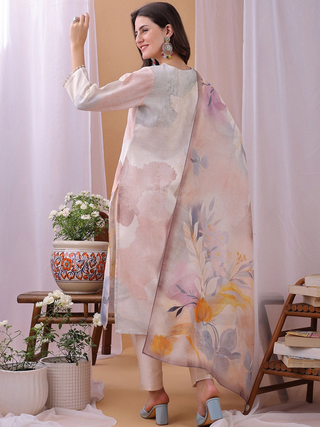 Label Khoj Women's Peach Linen Digital Printed With Applique Work Kurta with Pant and Peach Dupatta