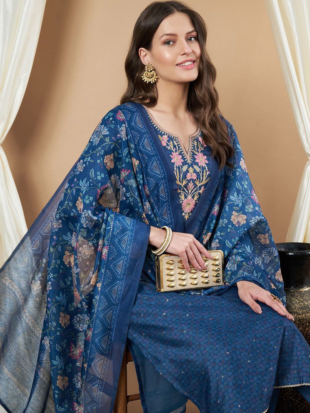 Label Khoj Women's Blue Chanderi Embroidered Kurta with Pant and Blue Dupatta
