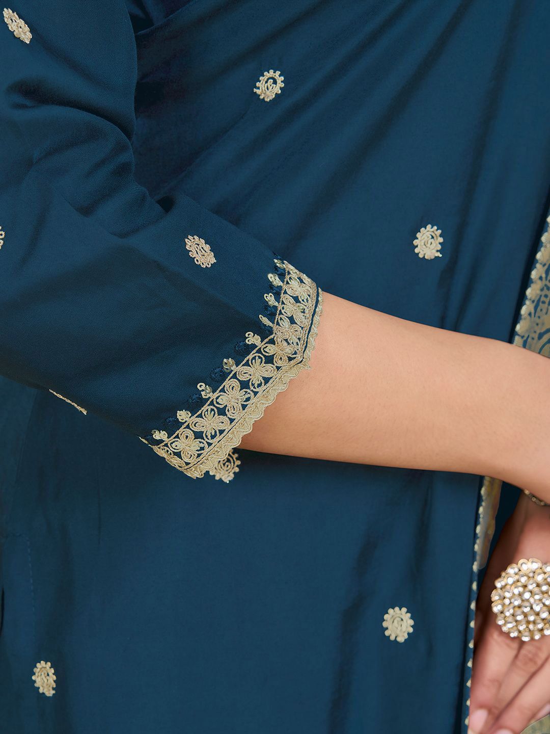 Label Khoj Women Roman Silk Embroidery  Work Blue Color Kurta & Bottom With Dupatta  Set