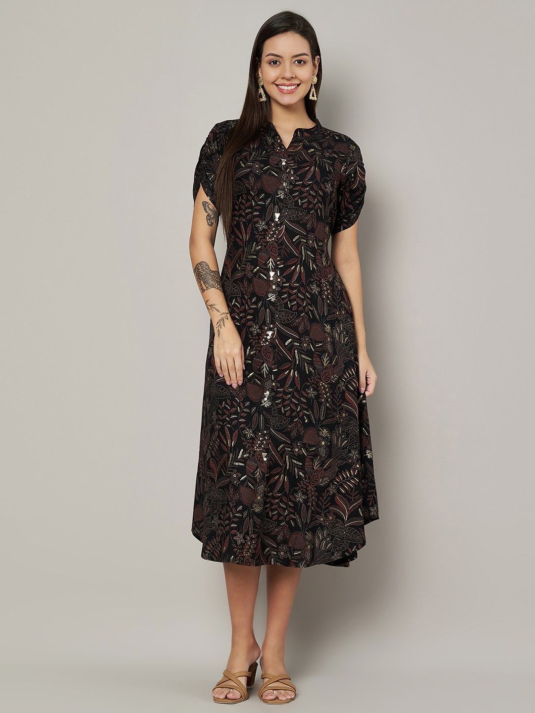 Label Khoj Women's Black Rayon Printed Midi Dress