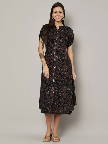 Label Khoj Women's Black Rayon Printed Midi Dress