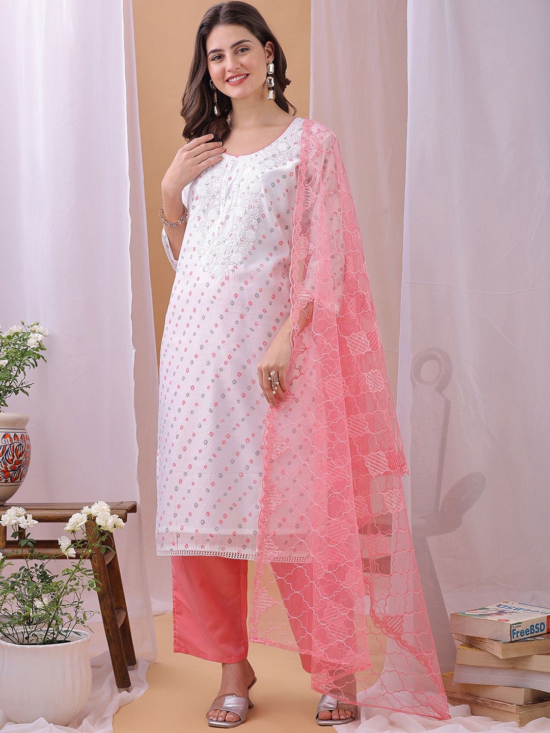 Label Khoj Women's White & Pink Chanderi Embroidered Kurta with Pant and Pink Dupatta