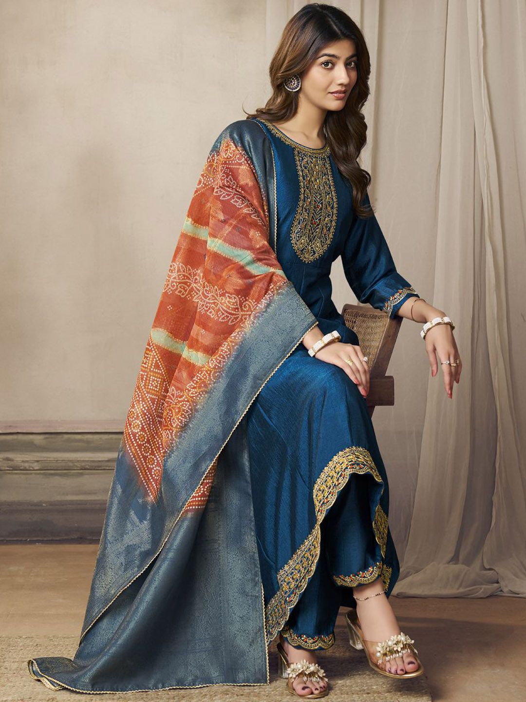 Label khoj Beautiful Anarkali kurta With Pant and Dupatta Set Blue Color