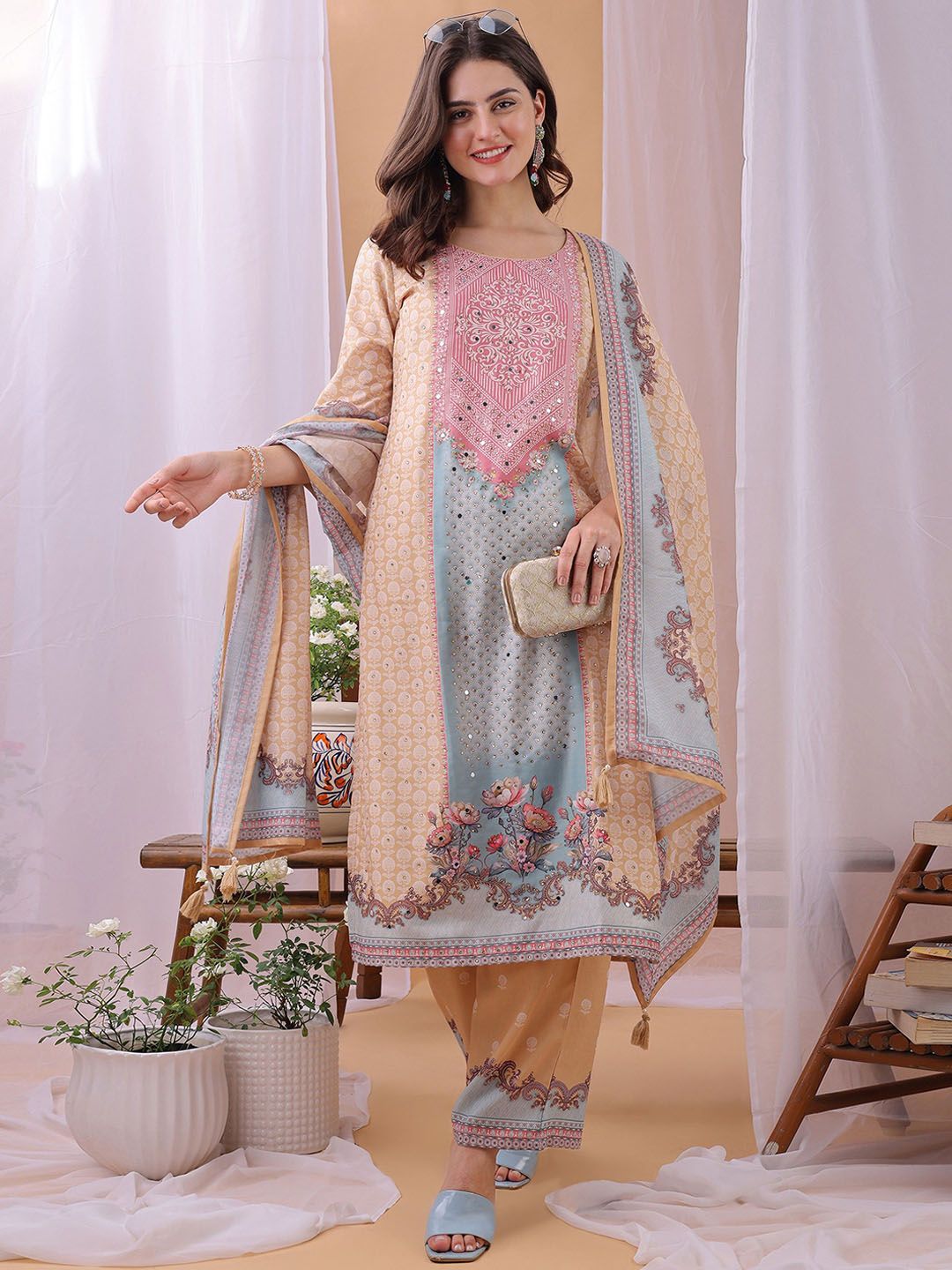 Label Khoj Women's Peach Silk Blend Handwork Kurta with Pant and Peach Dupatta