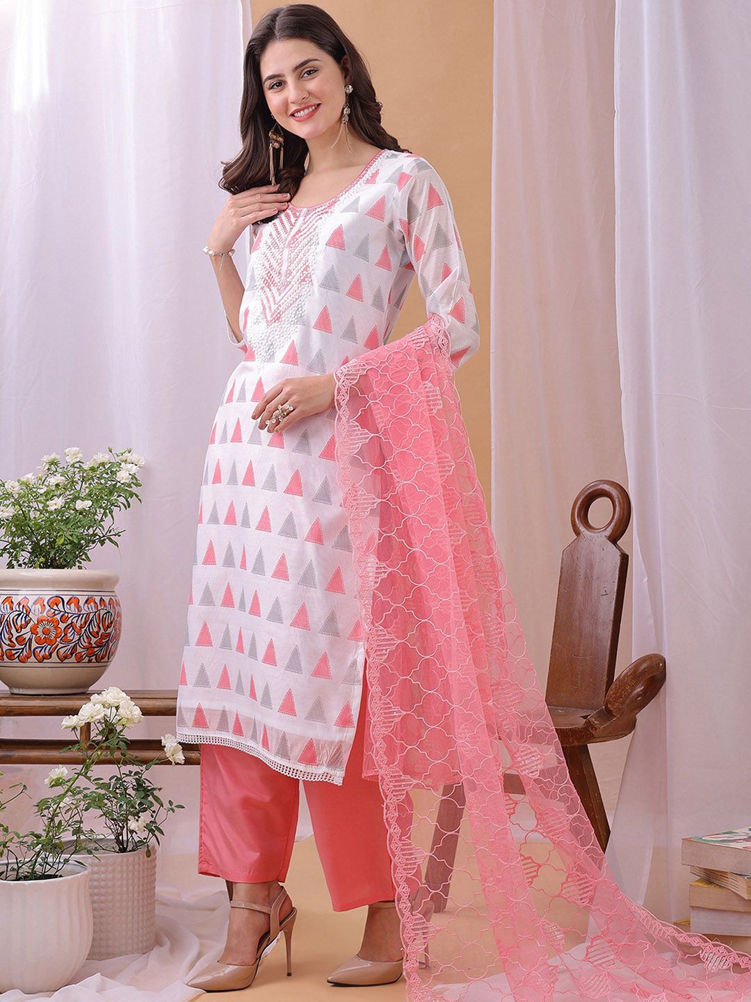 Label Khoj Women's White & Pink Chanderi Embroidered Kurta with Pant and Pink Dupatta