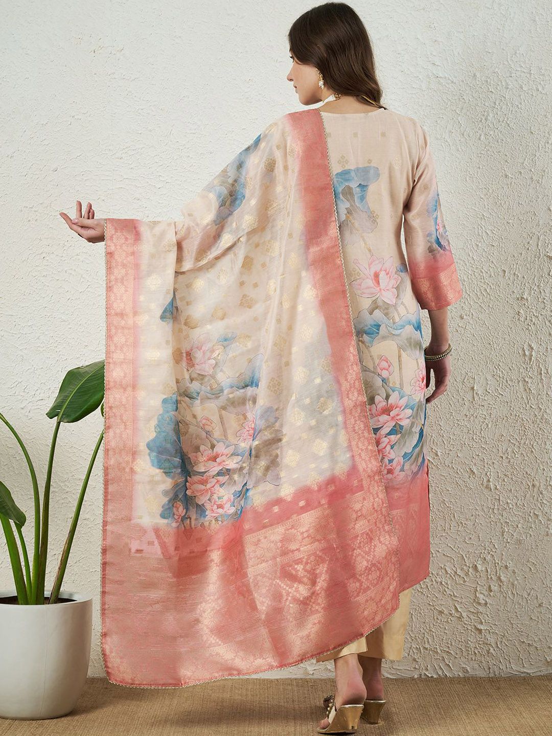 Label Khoj Women Silk Jacqured  Embroidery  Work Cream Color Kurta & Bottom With Dupatta  Set