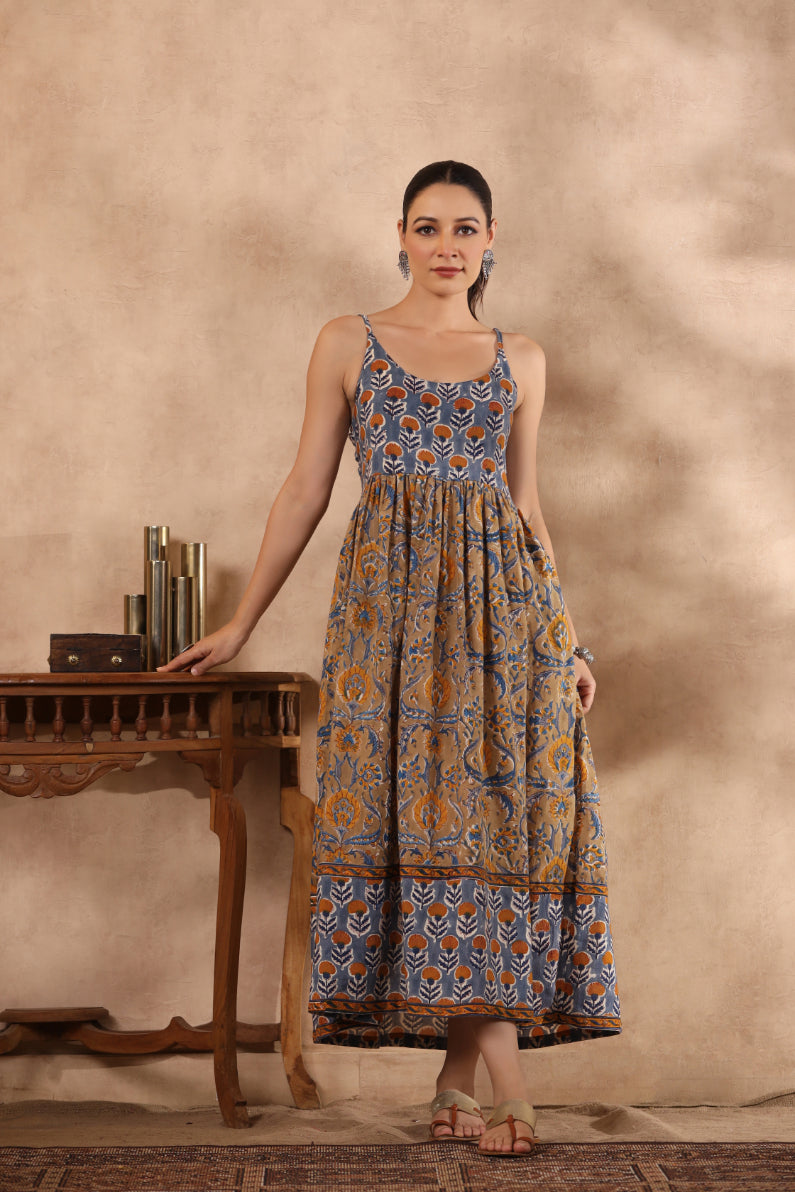 Shuddhi BlUE and Brown Spaghetti Dress