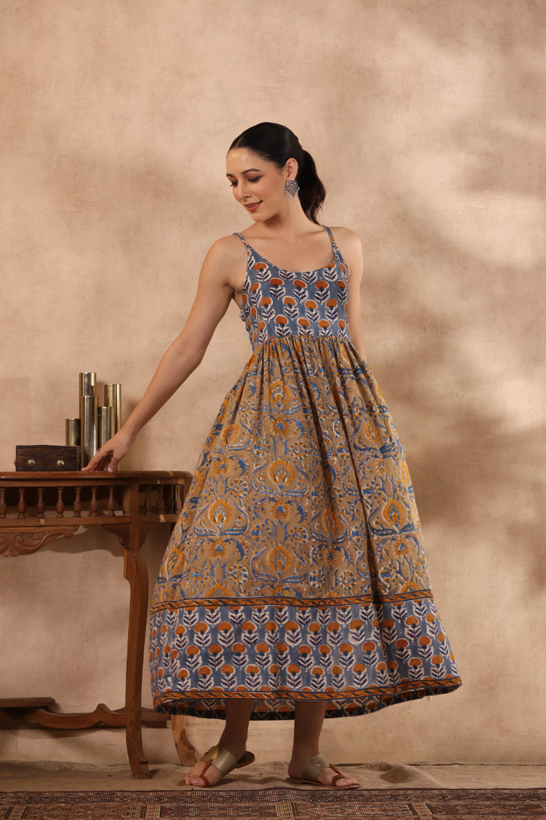 Shuddhi BlUE and Brown Spaghetti Dress