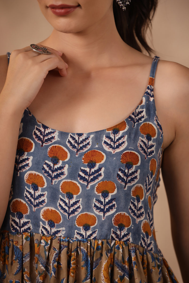 Shuddhi BlUE and Brown Spaghetti Dress