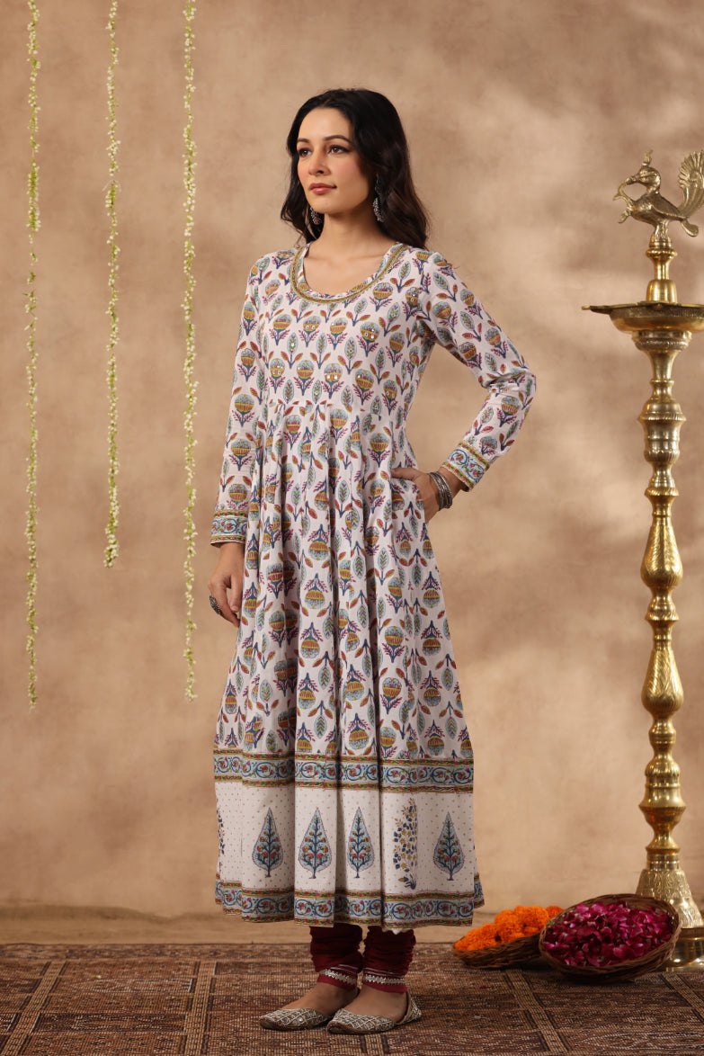 Shuddhi White and Teal aNarkali Kurta with Chanderi Duppata