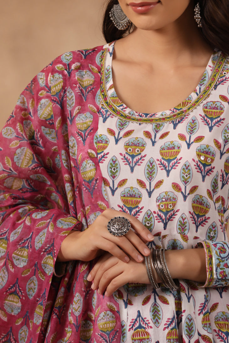 Shuddhi White and Teal aNarkali Kurta with Chanderi Duppata