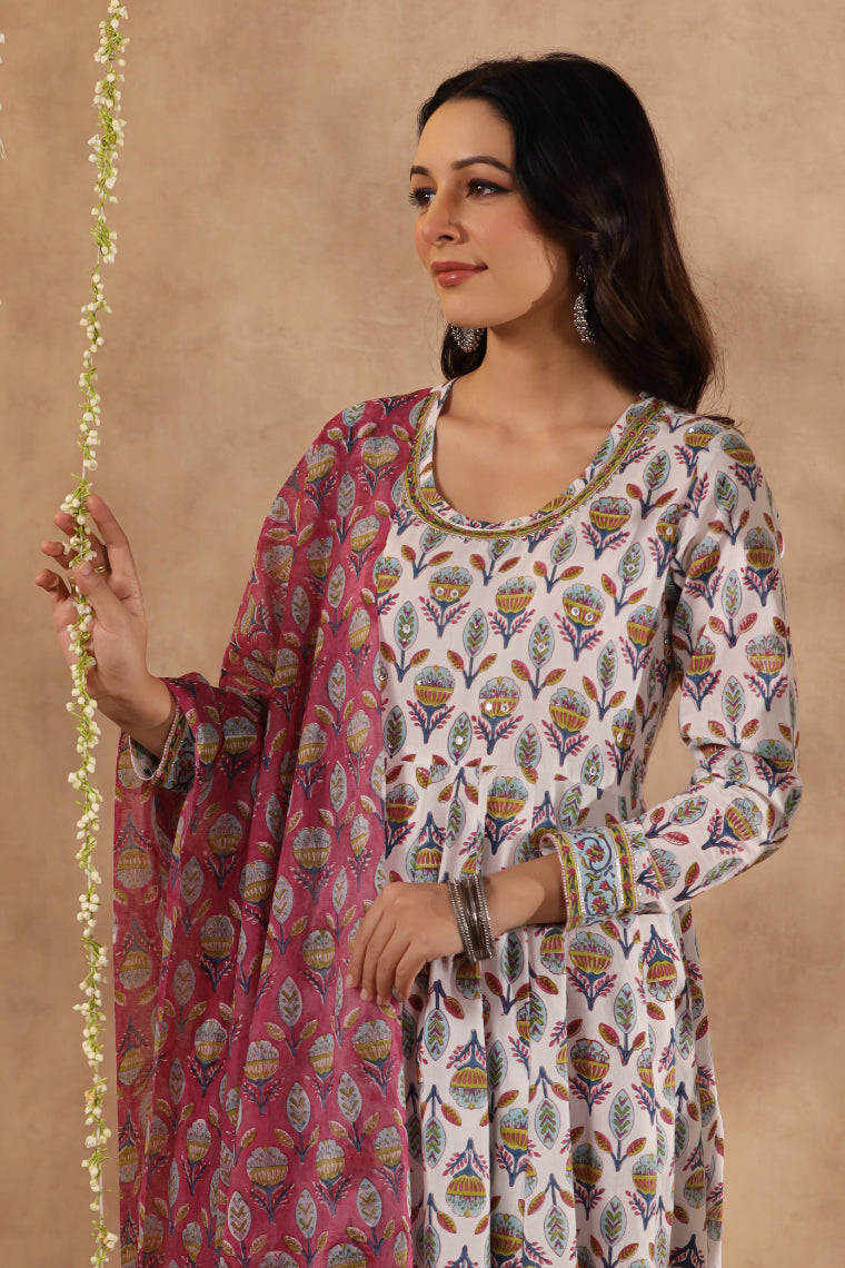 Shuddhi White and Teal aNarkali Kurta with Chanderi Duppata