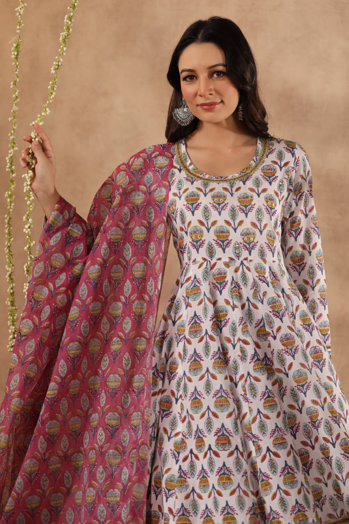 Shuddhi White and Teal aNarkali Kurta with Chanderi Duppata