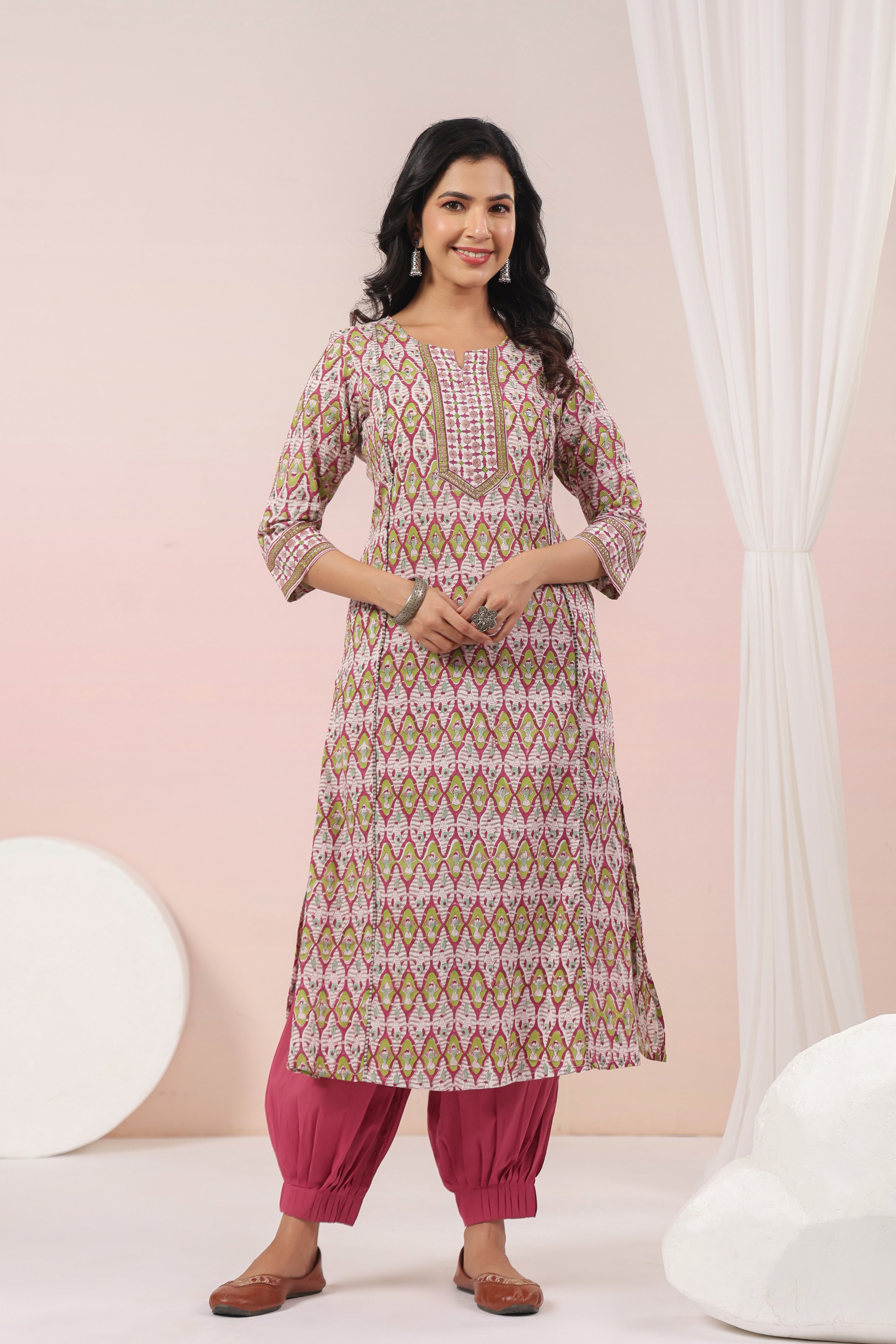 Shuddhi  Pink and Green A line Kurta