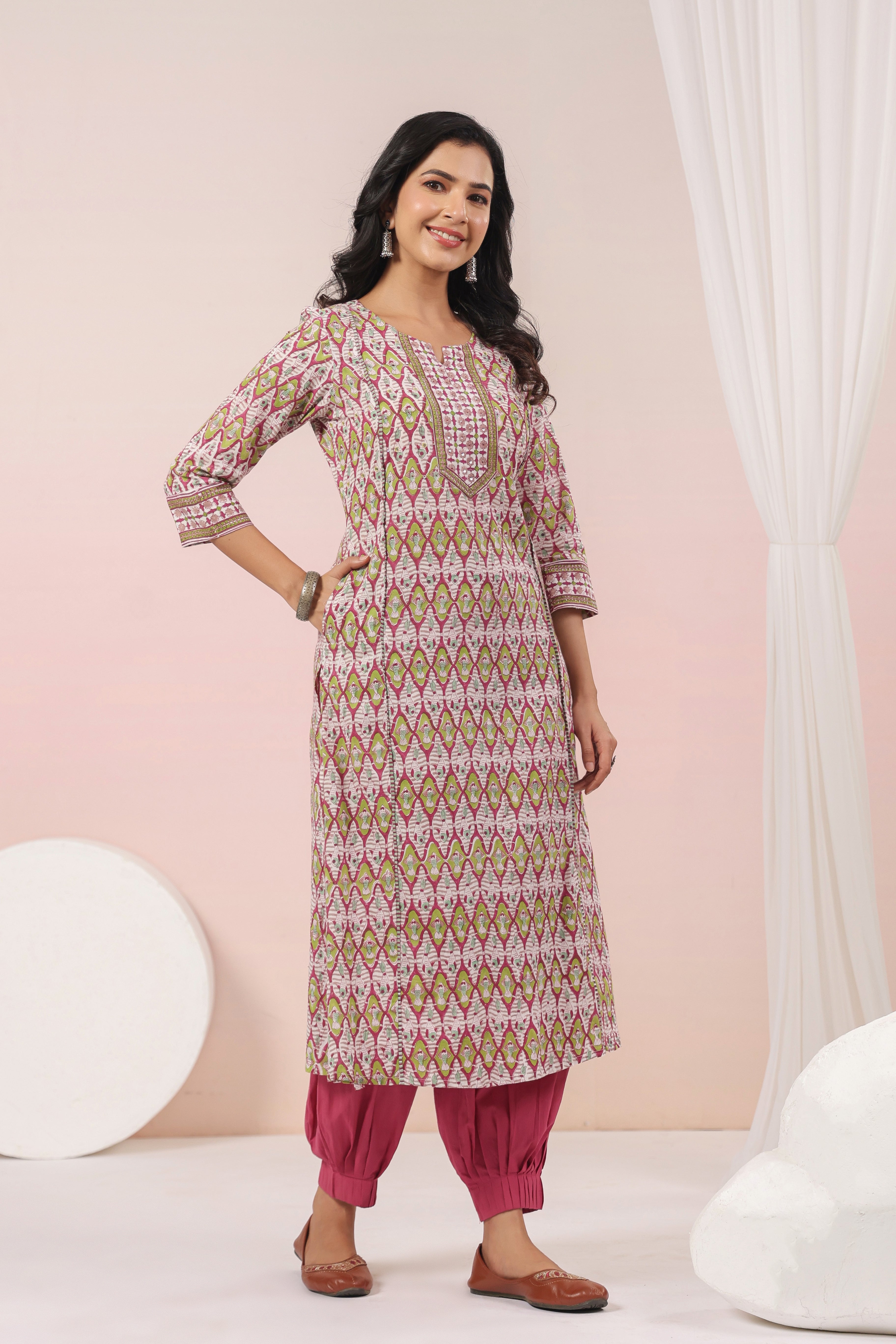 Shuddhi  Pink and Green A line Kurta