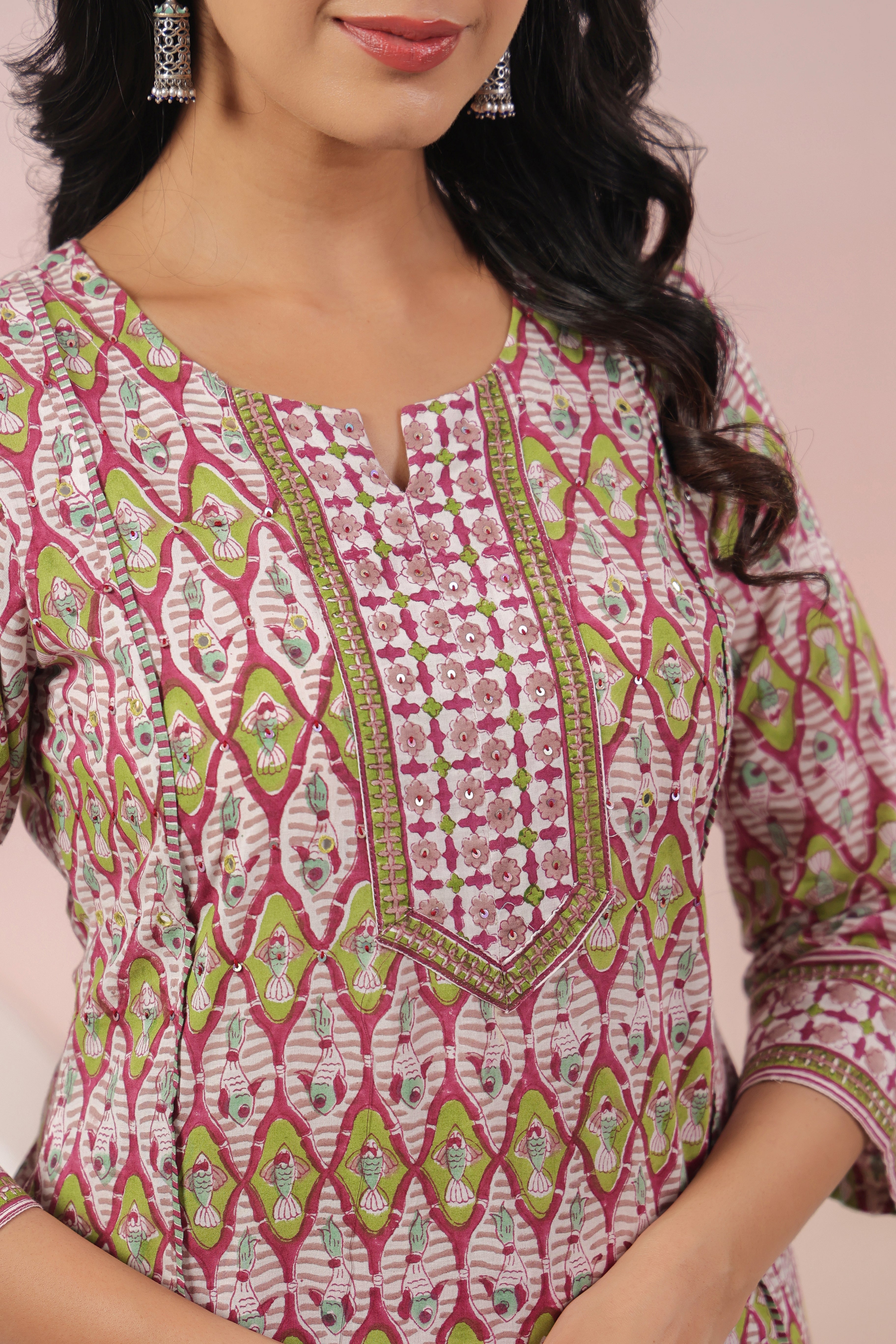 Shuddhi  Pink and Green A line Kurta