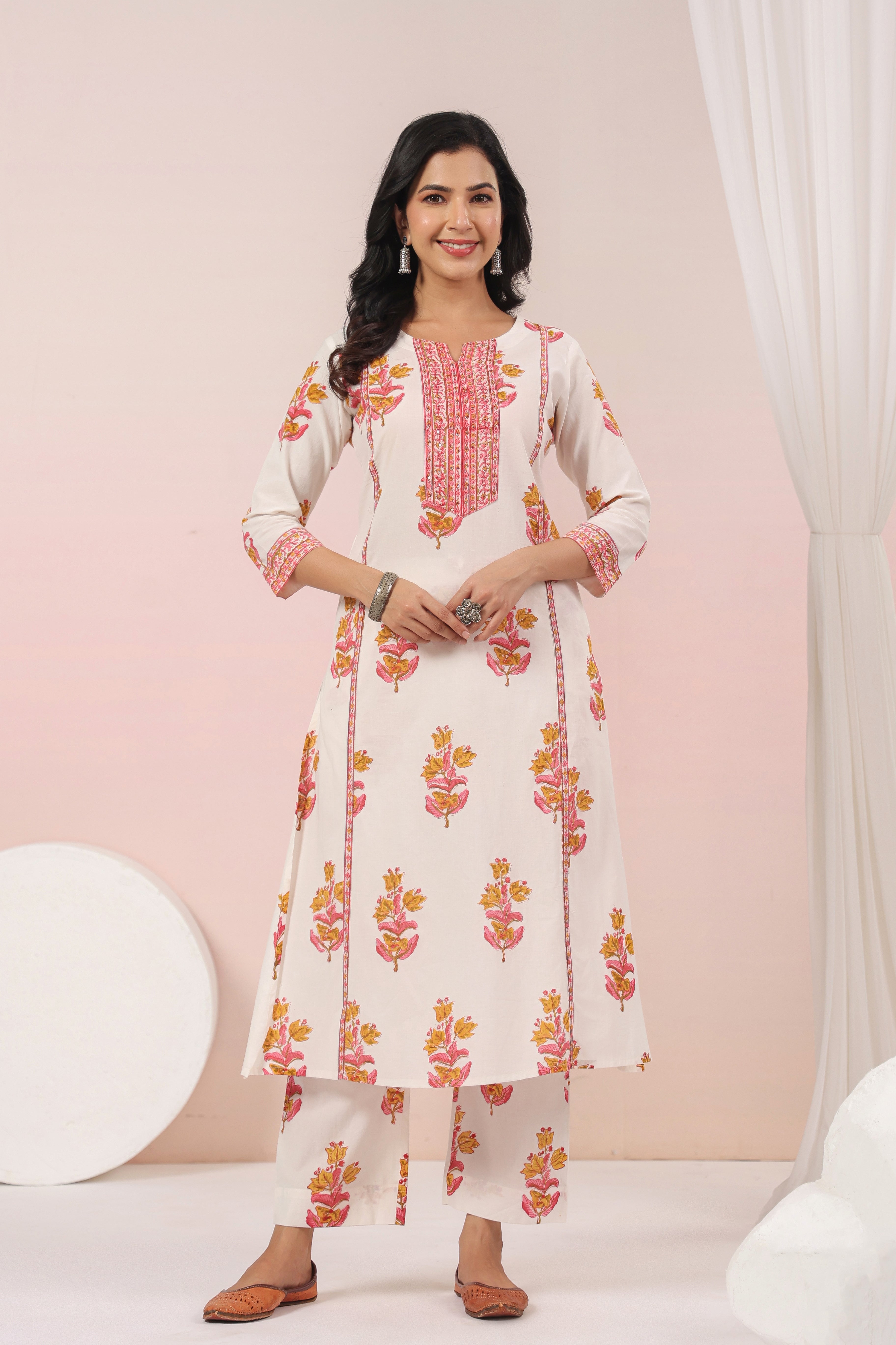 Shuddhi  White and Pink Kurta and Pant set