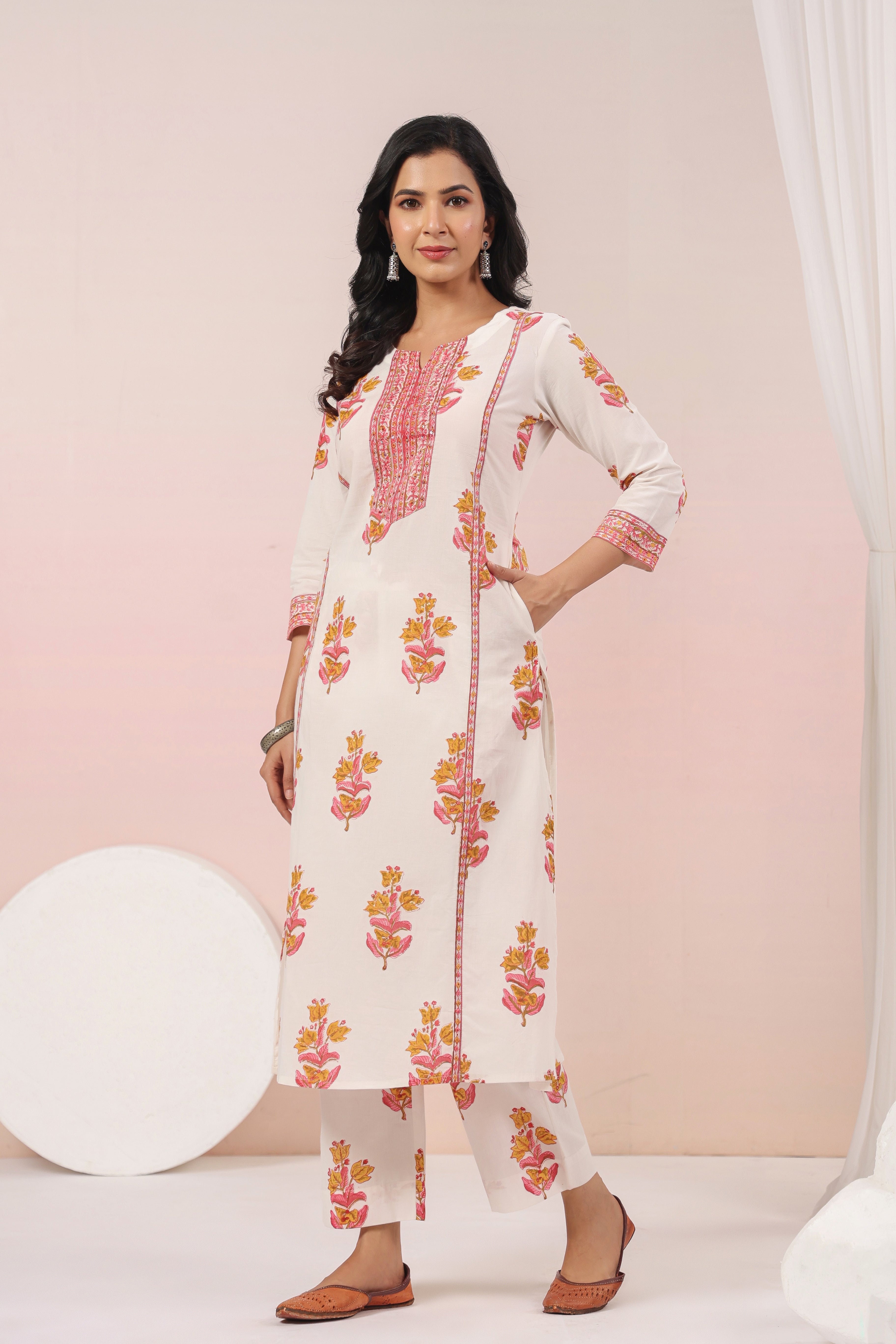 Shuddhi  White and Pink Kurta and Pant set
