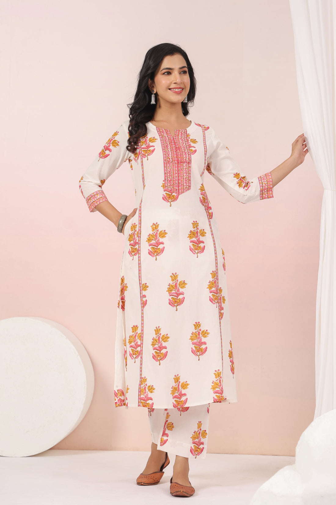 Shuddhi  White and Pink Kurta and Pant set