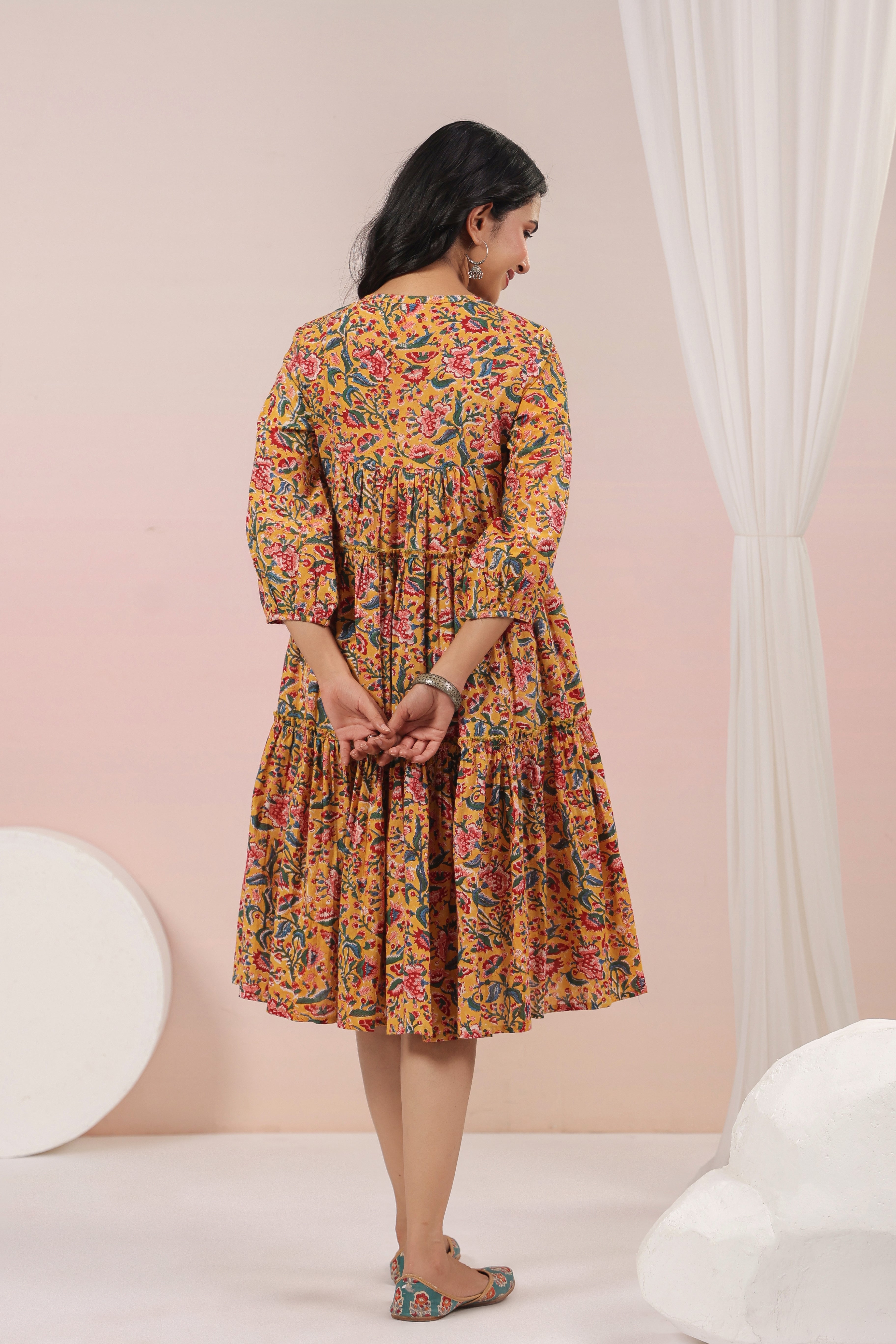 Shuddhi Yellow and Pink Tier Dress