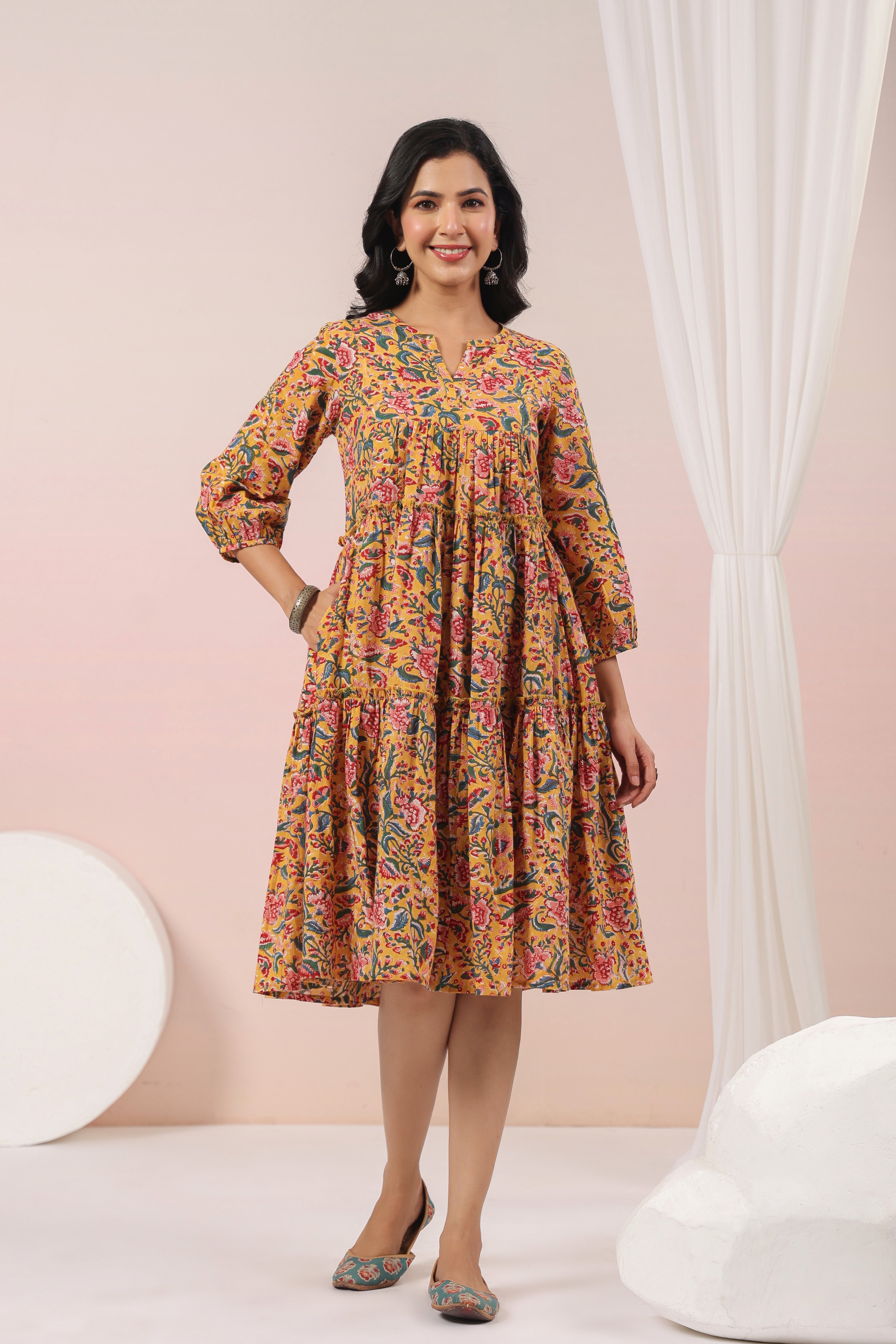 Shuddhi Yellow and Pink Tier Dress