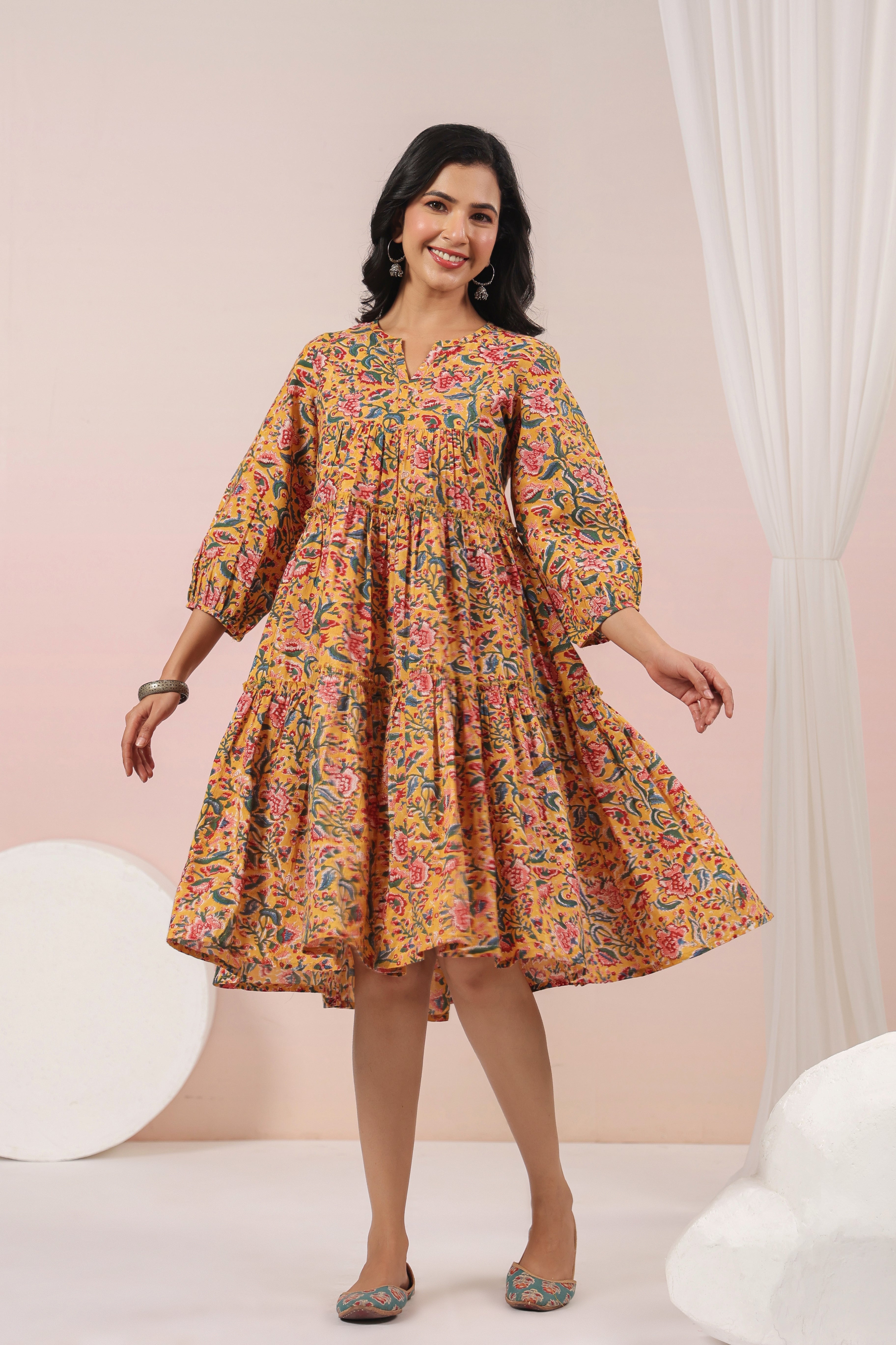 Shuddhi Yellow and Pink Tier Dress