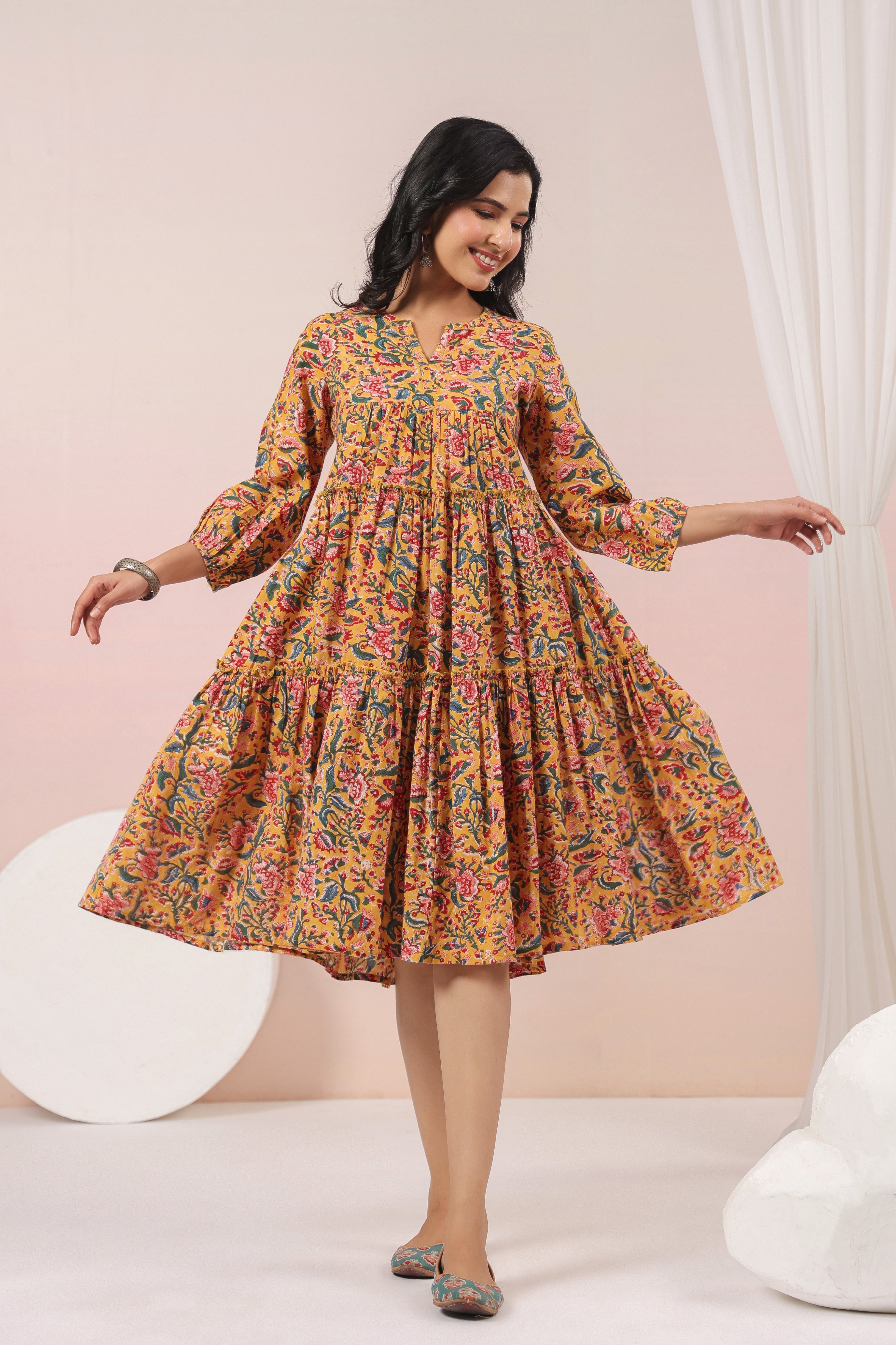 Shuddhi Yellow and Pink Tier Dress