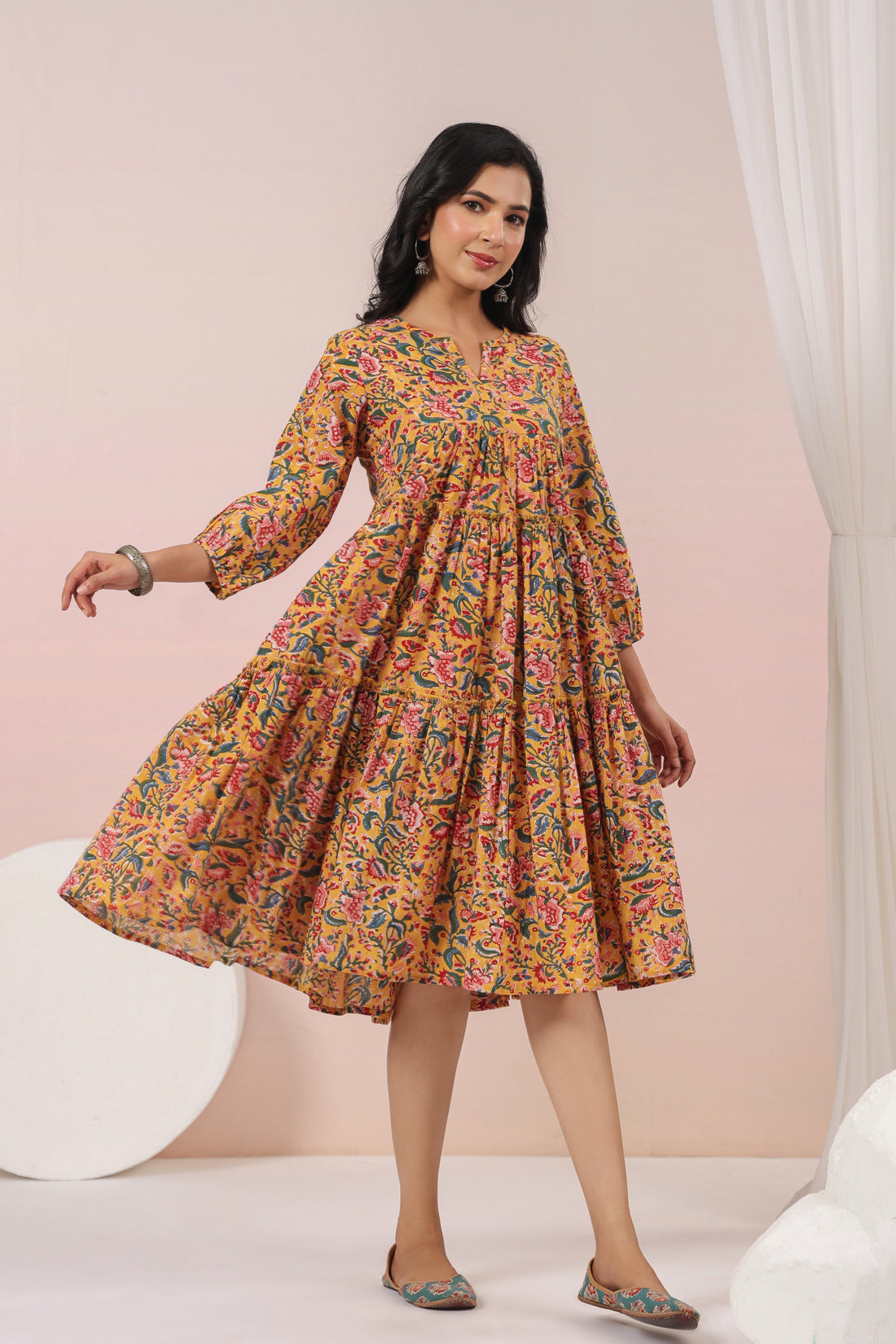 Shuddhi Yellow and Pink Tier Dress