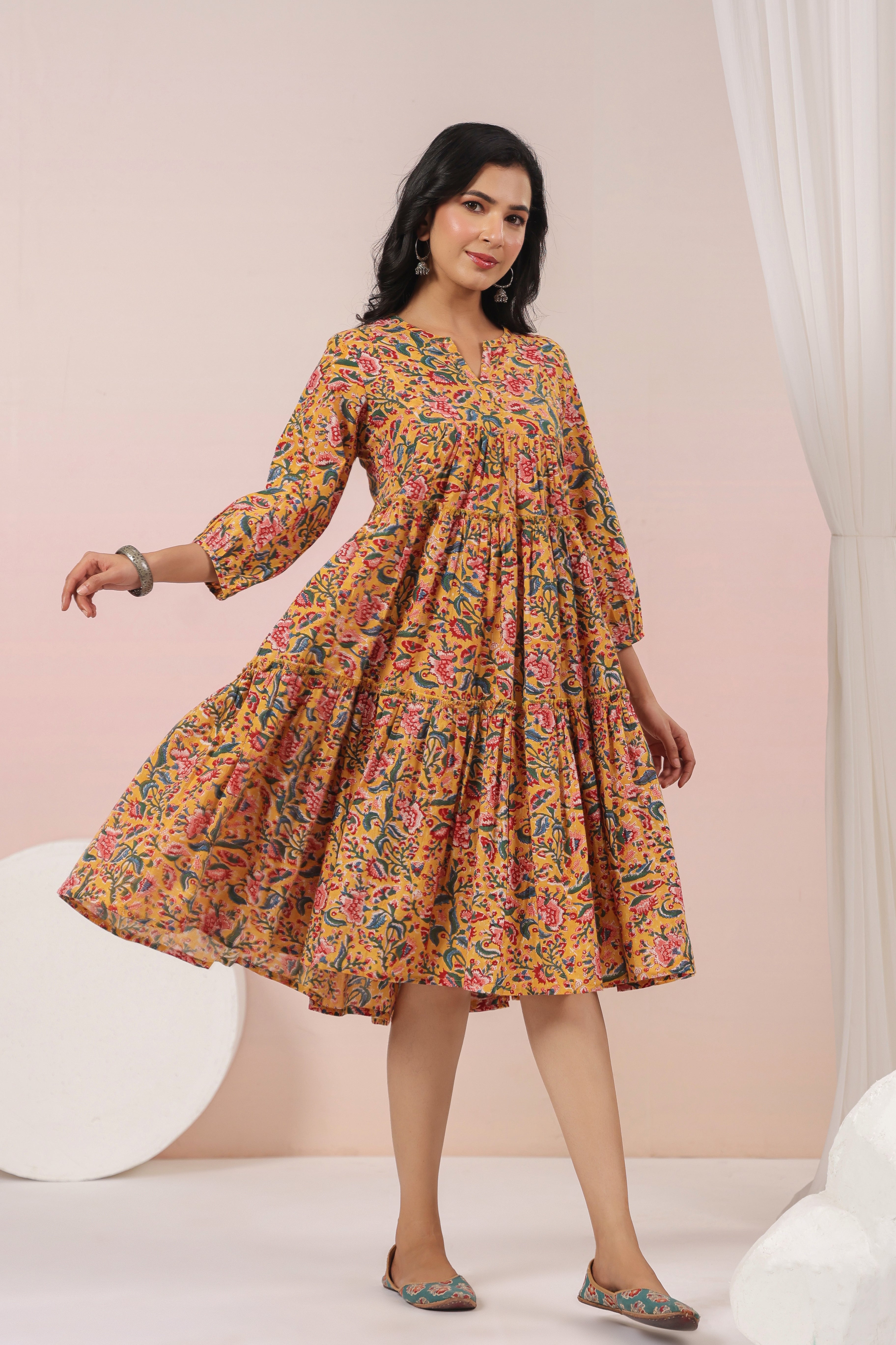 Shuddhi Yellow and Pink Tier Dress