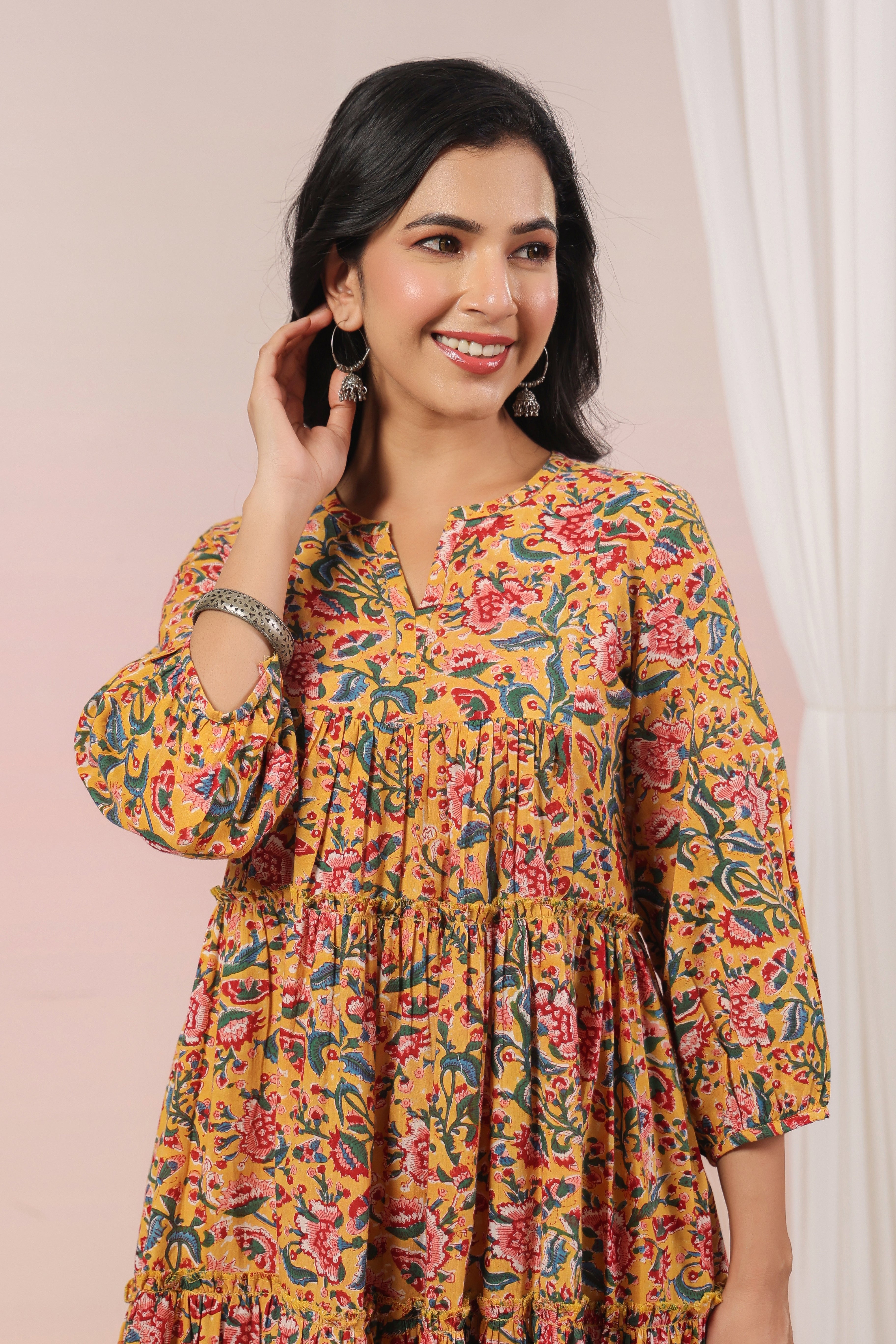 Shuddhi Yellow and Pink Tier Dress