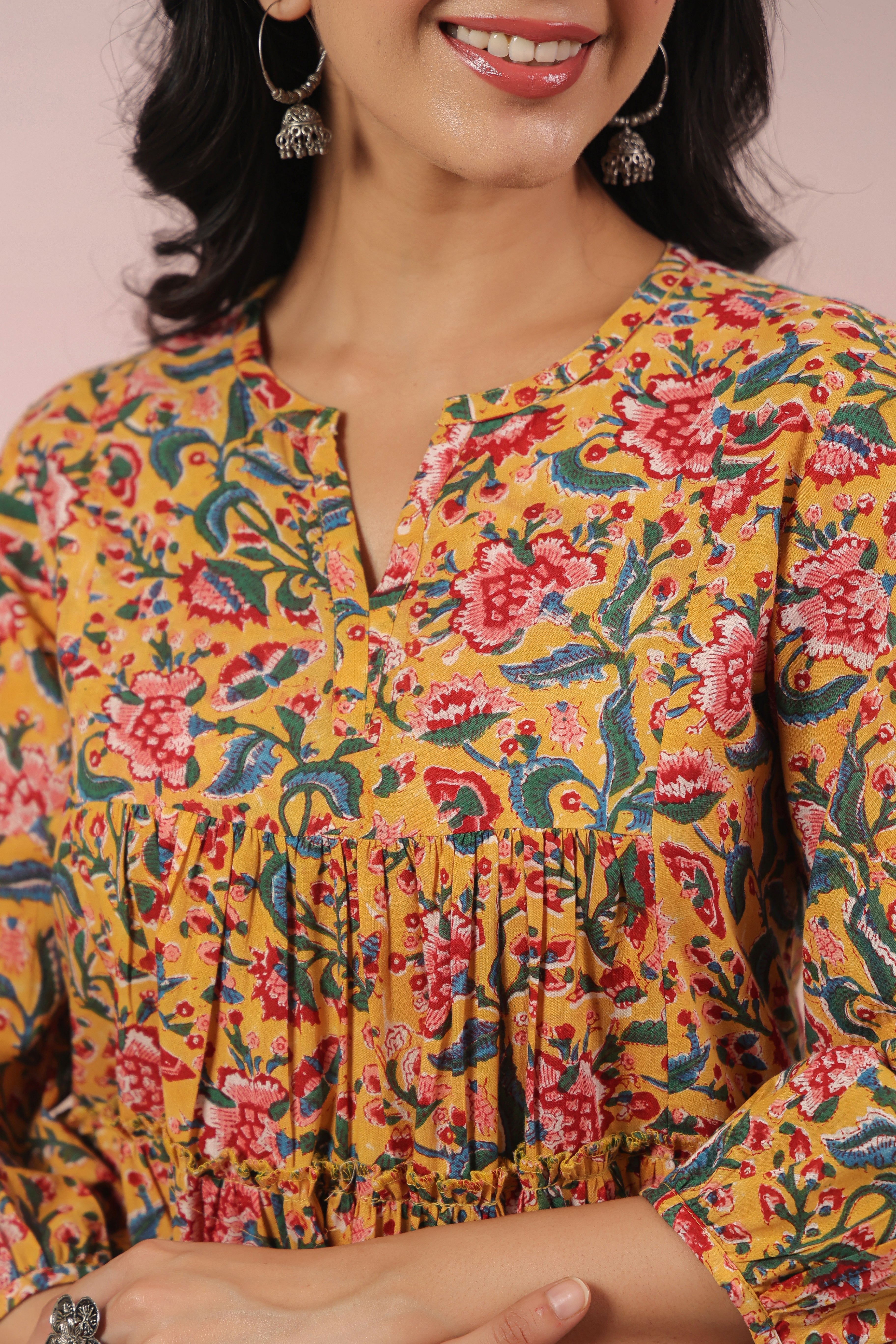 Shuddhi Yellow and Pink Tier Dress