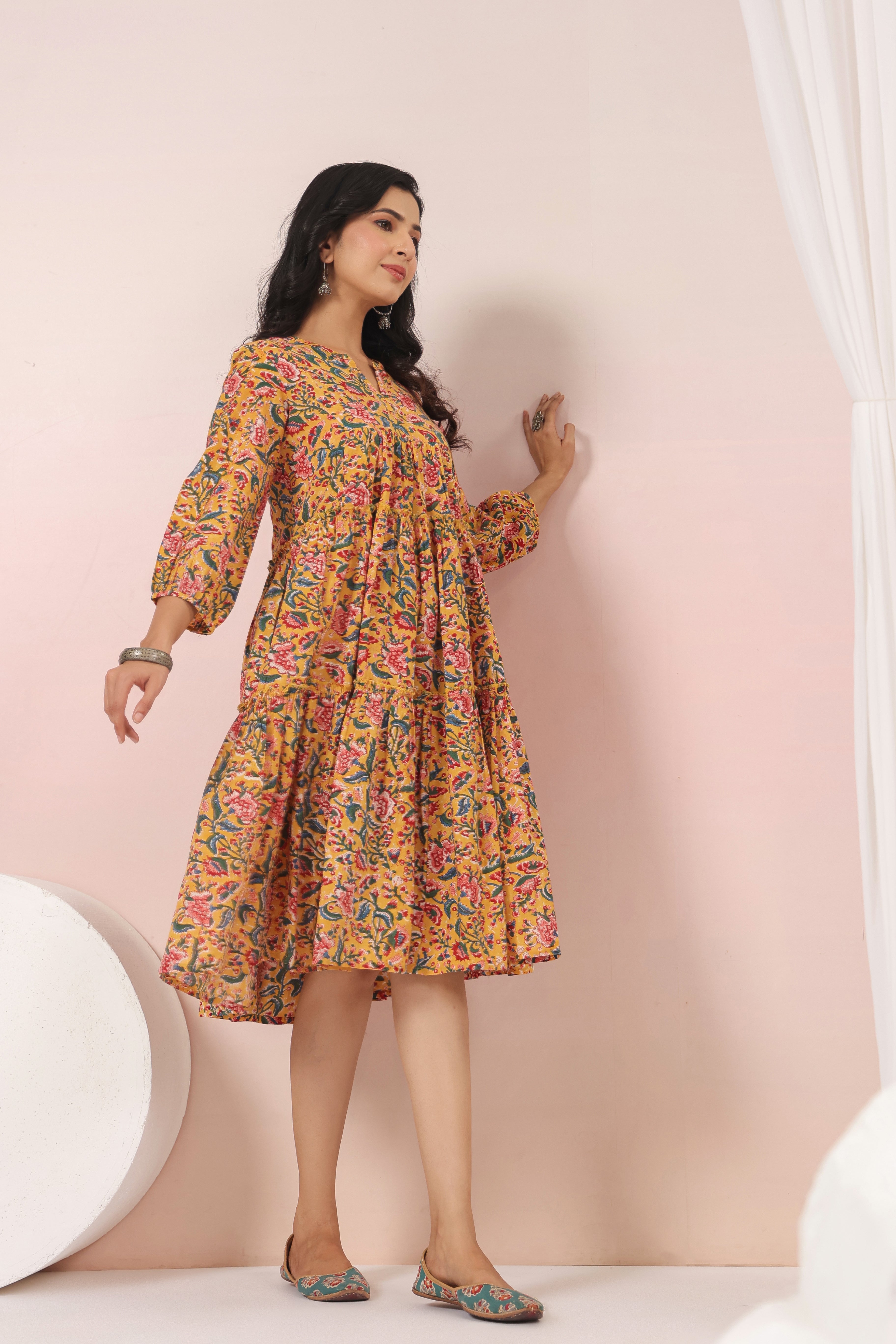 Shuddhi Yellow and Pink Tier Dress