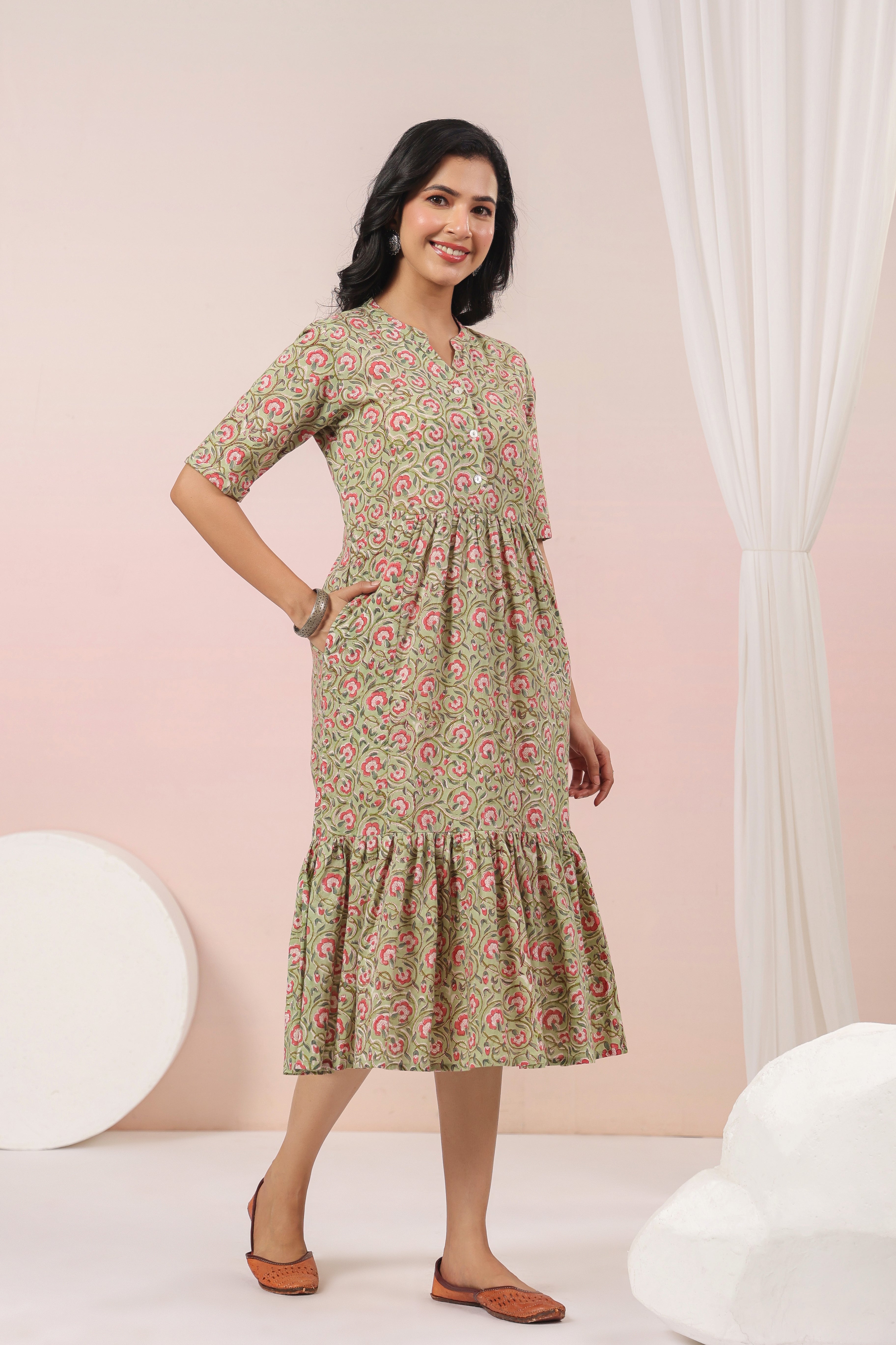 Shuddhi Green and Pink Tier Dress