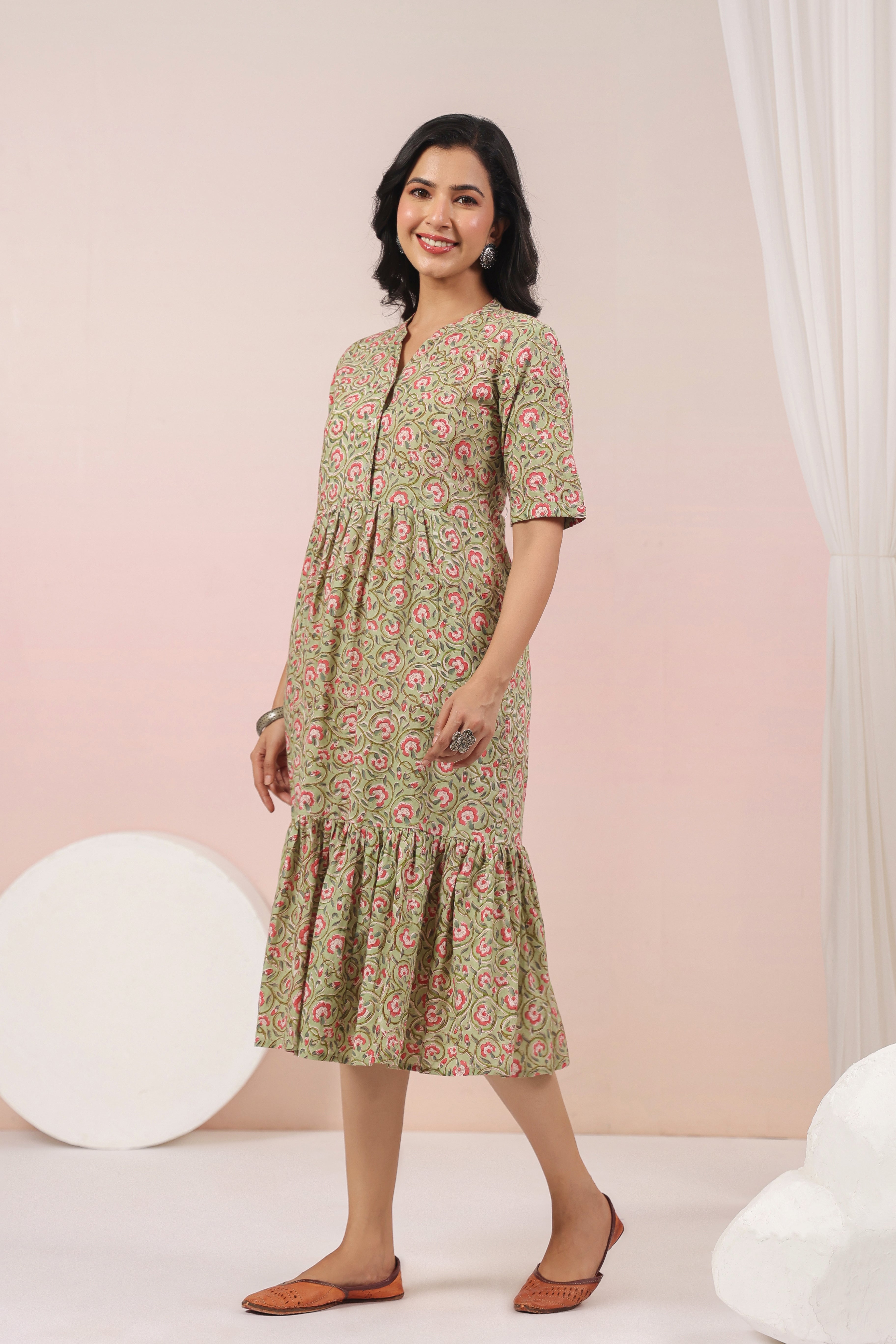 Shuddhi Green and Pink Tier Dress