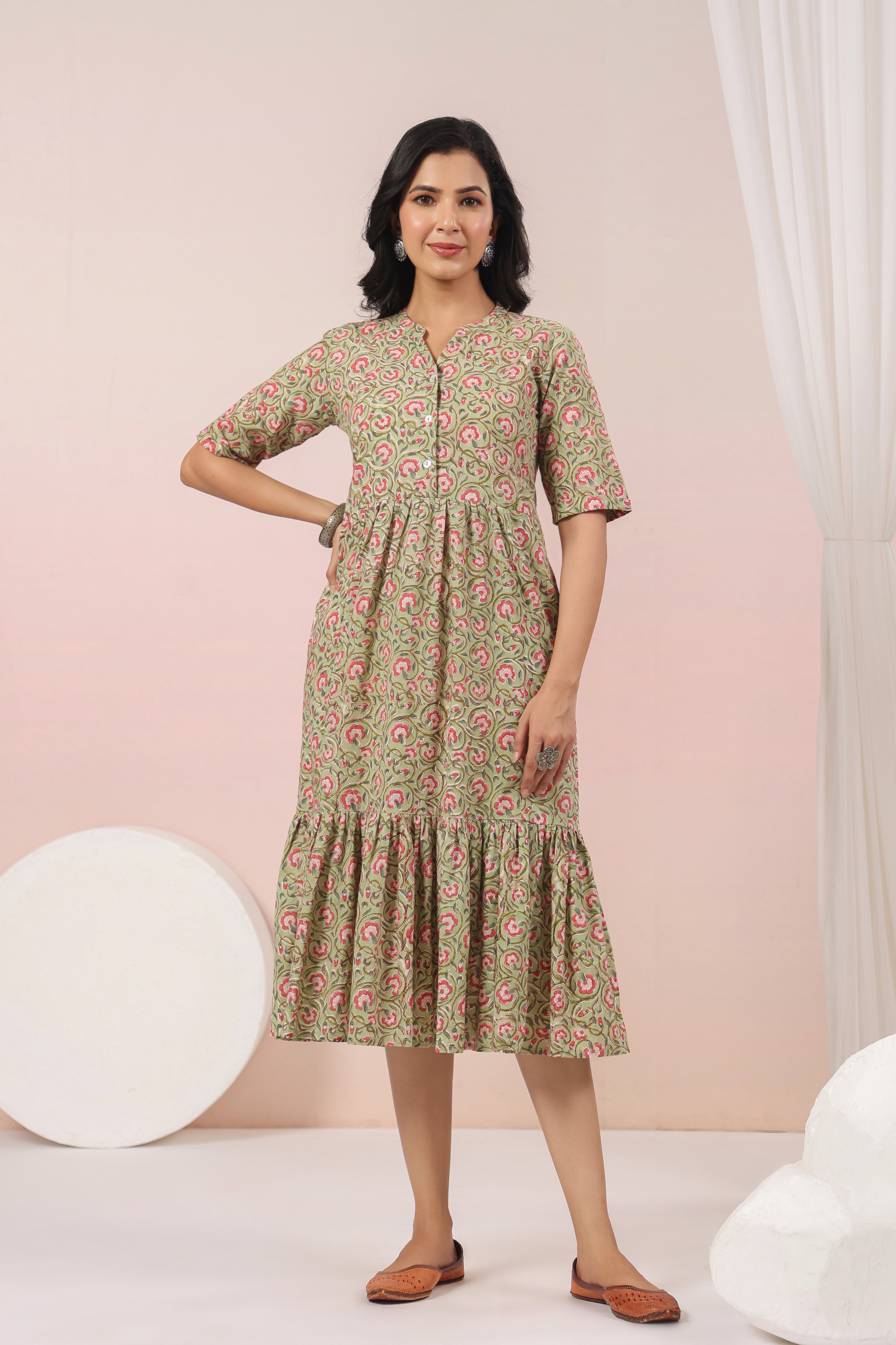 Shuddhi Green and Pink Tier Dress