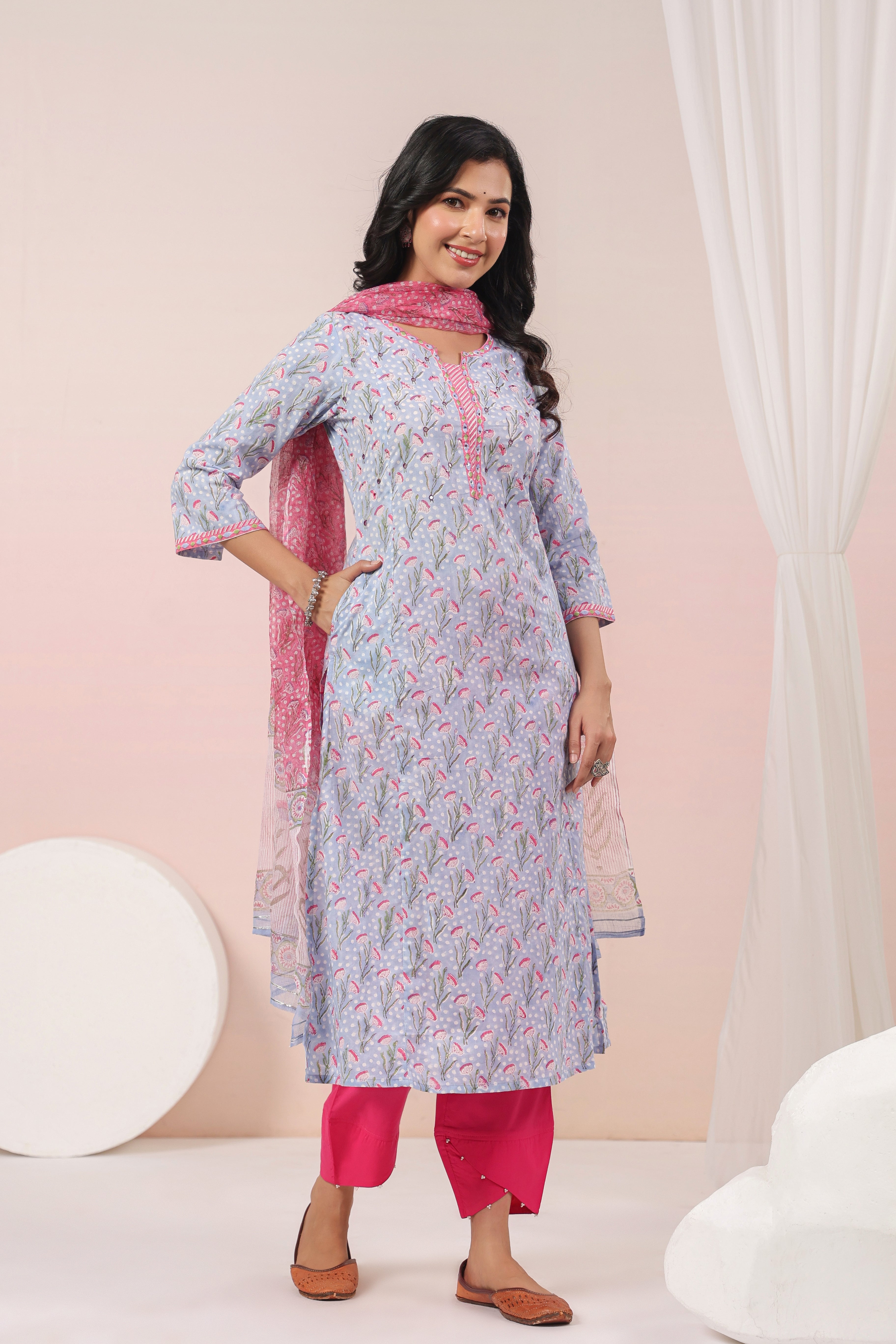 Shuddhi Blue and Pink Kurta and Duppatta Set