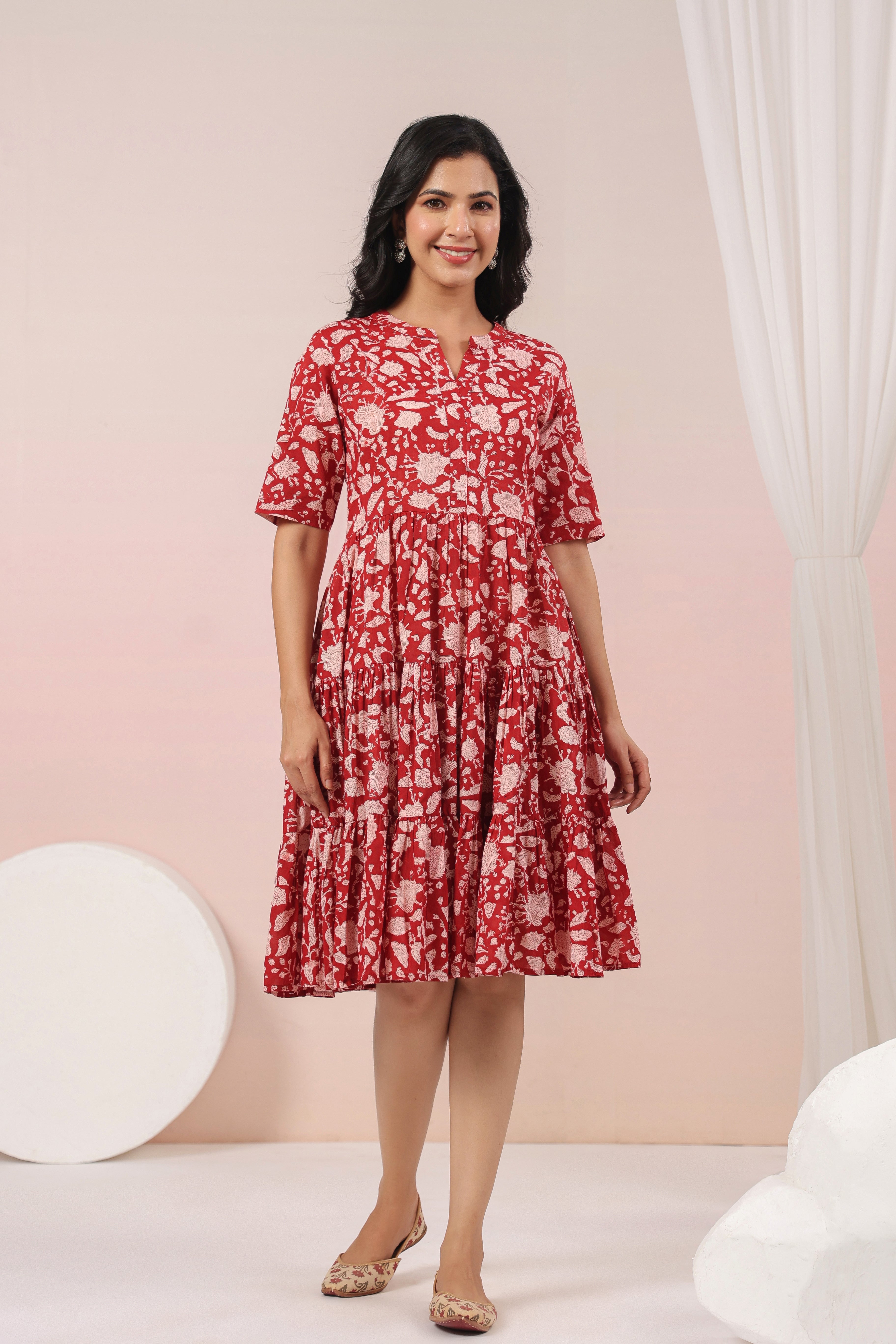 Shuddhi Red and Beige Tier Dress